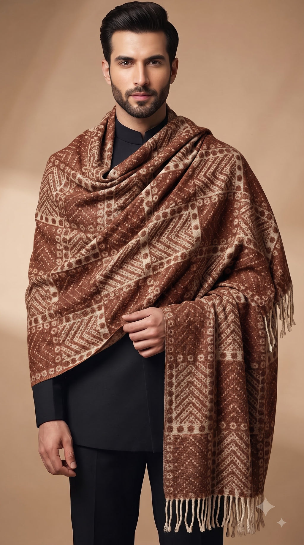 Geometric Tribal Block Polyester Stole with Tassels