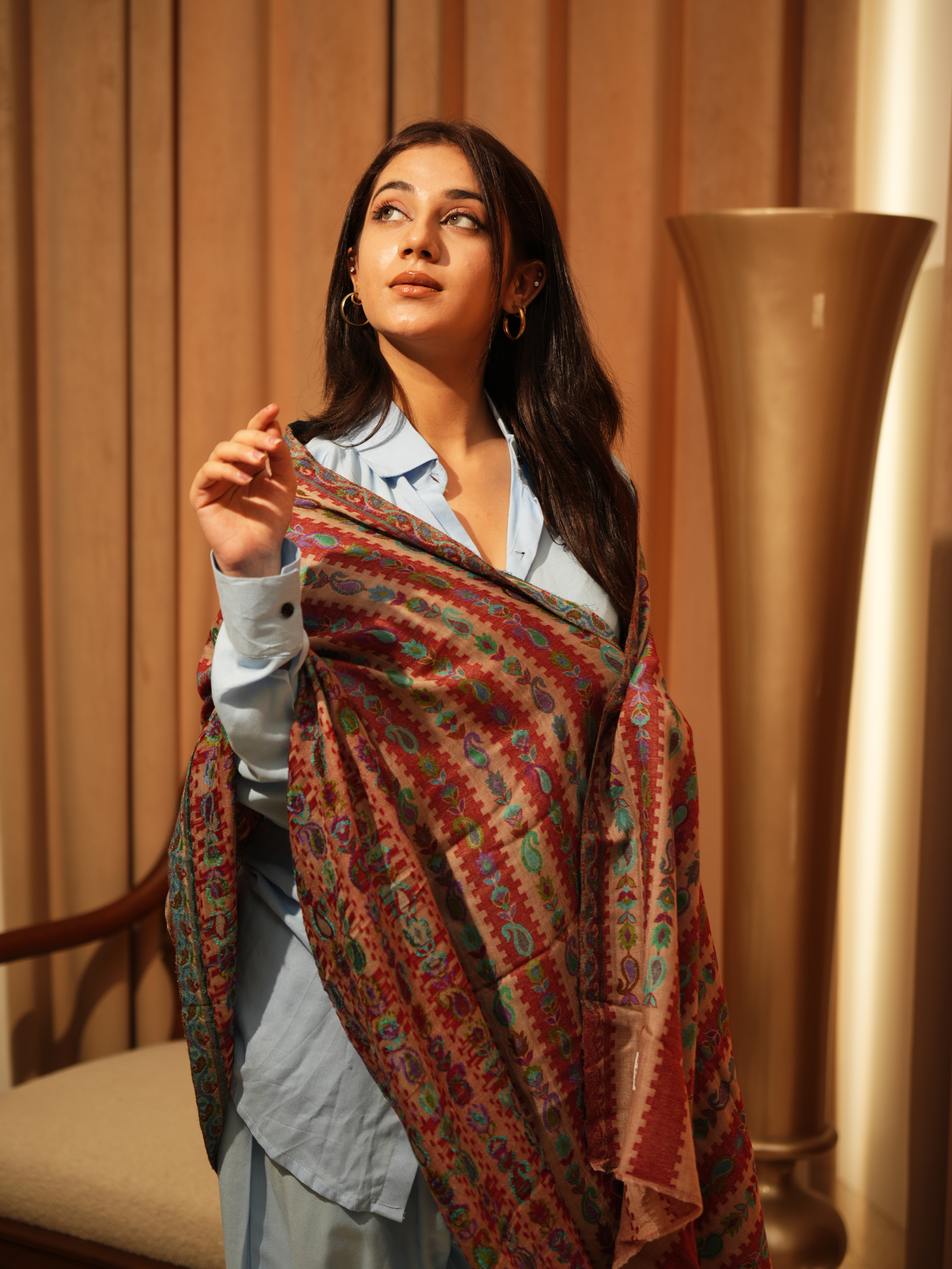 Karivani Women's Faux Pashmina Stole - Stripe Cutting