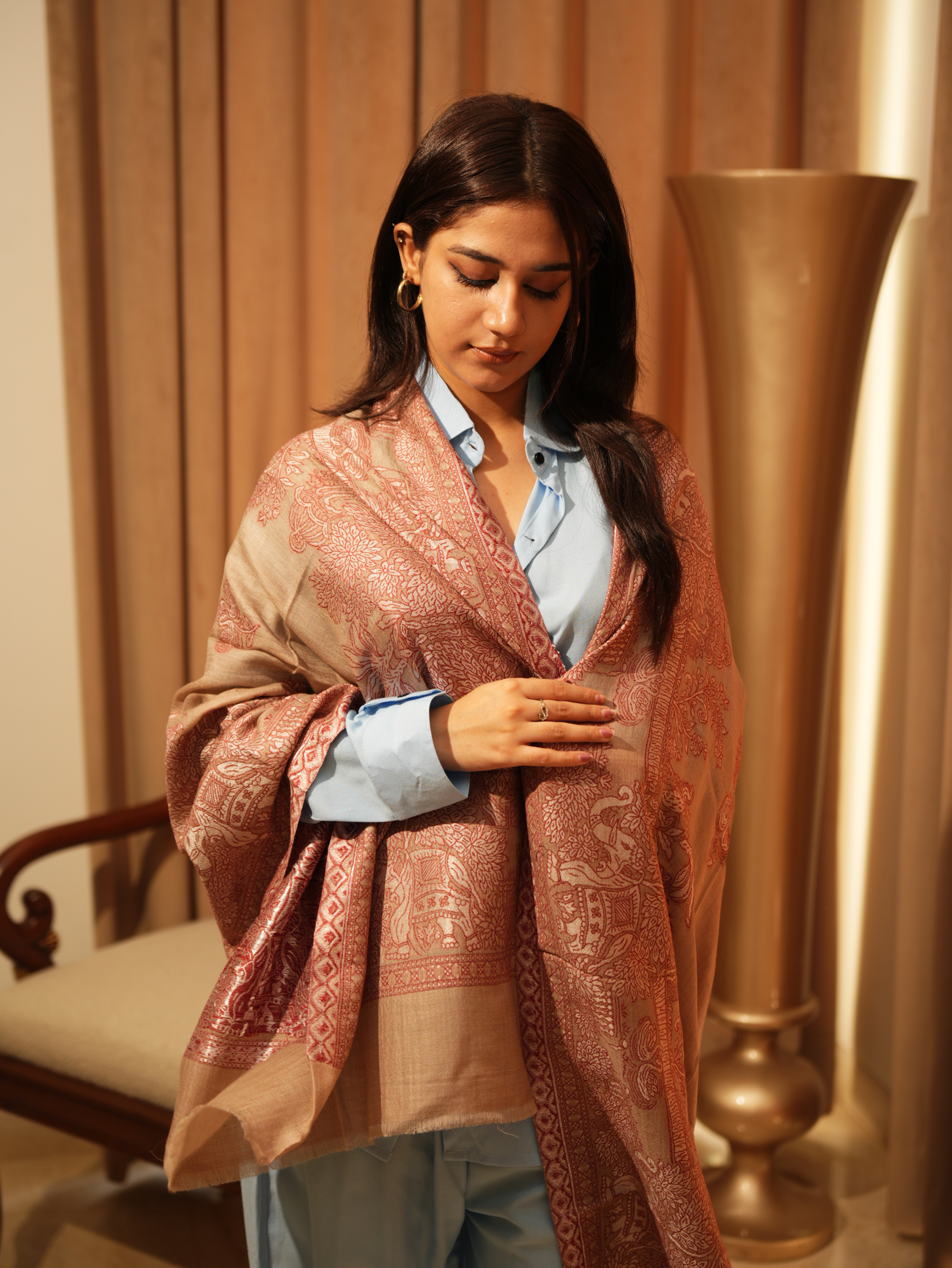 Karivani Women's Faux Pashmina Stole - Elephant Satin Motif Border