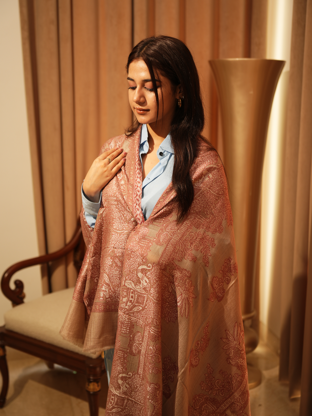 Karivani Women's Faux Pashmina Stole - Elephant Satin Motif Border