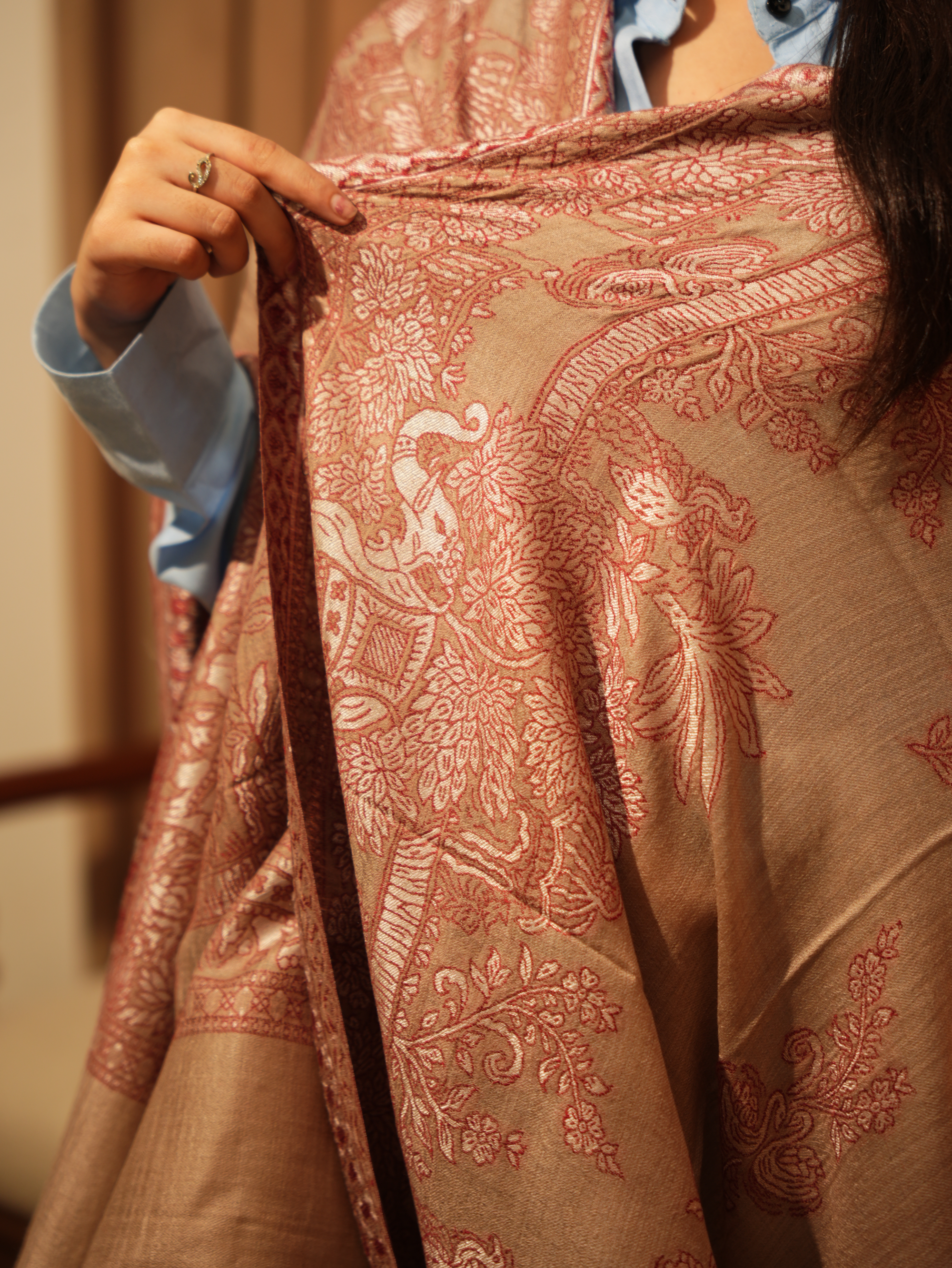 Karivani Women's Faux Pashmina Stole - Elephant Satin Motif Border