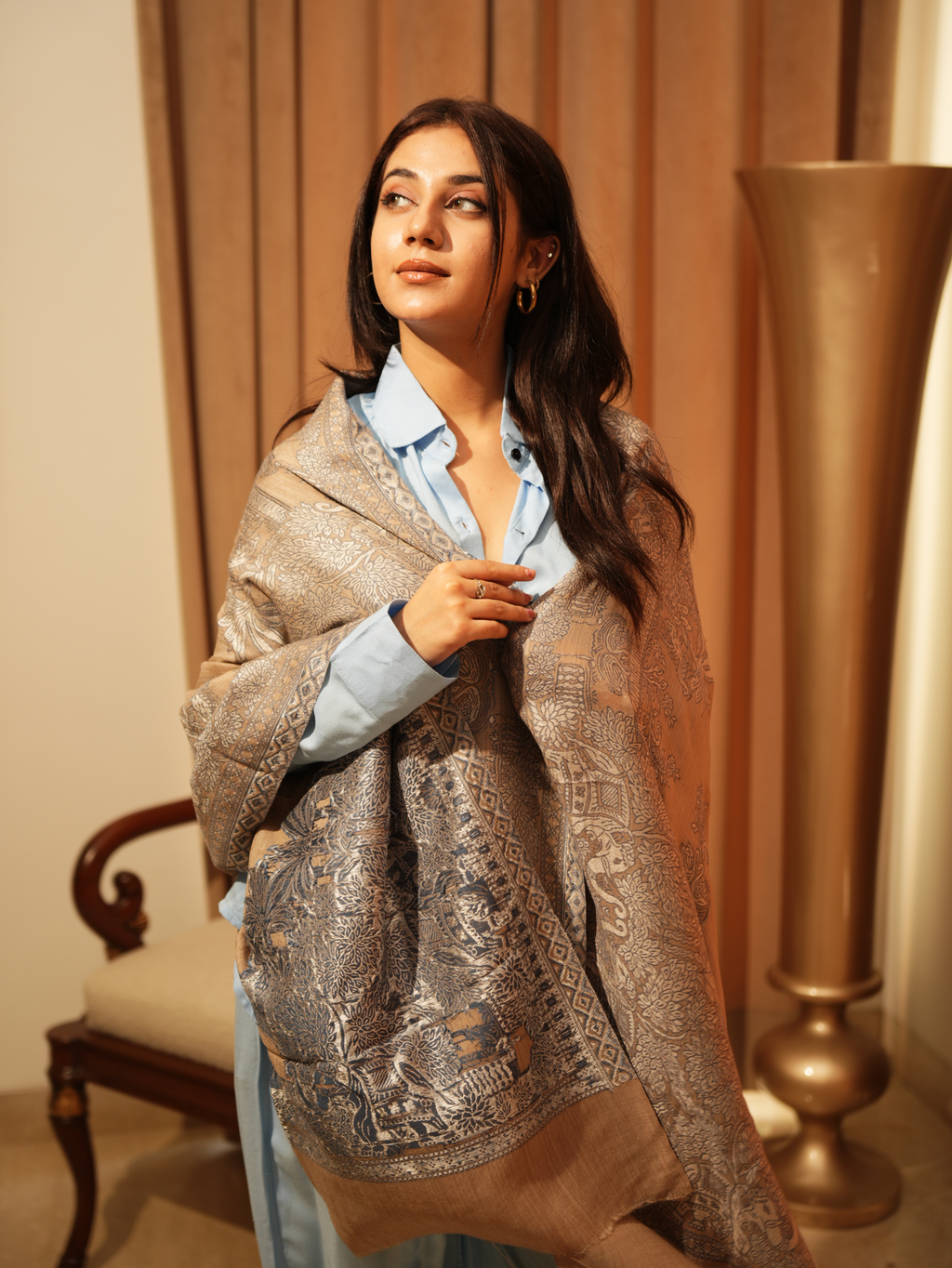 Karivani Women's Faux Pashmina Stole - Elephant Satin Motif Border