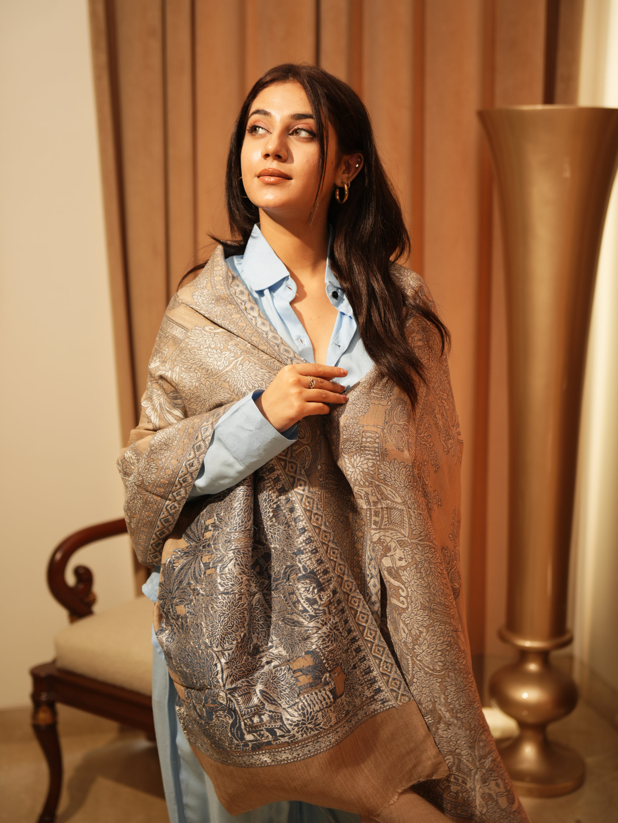 Karivani Women's Faux Pashmina Stole - Elephant Satin Motif Border