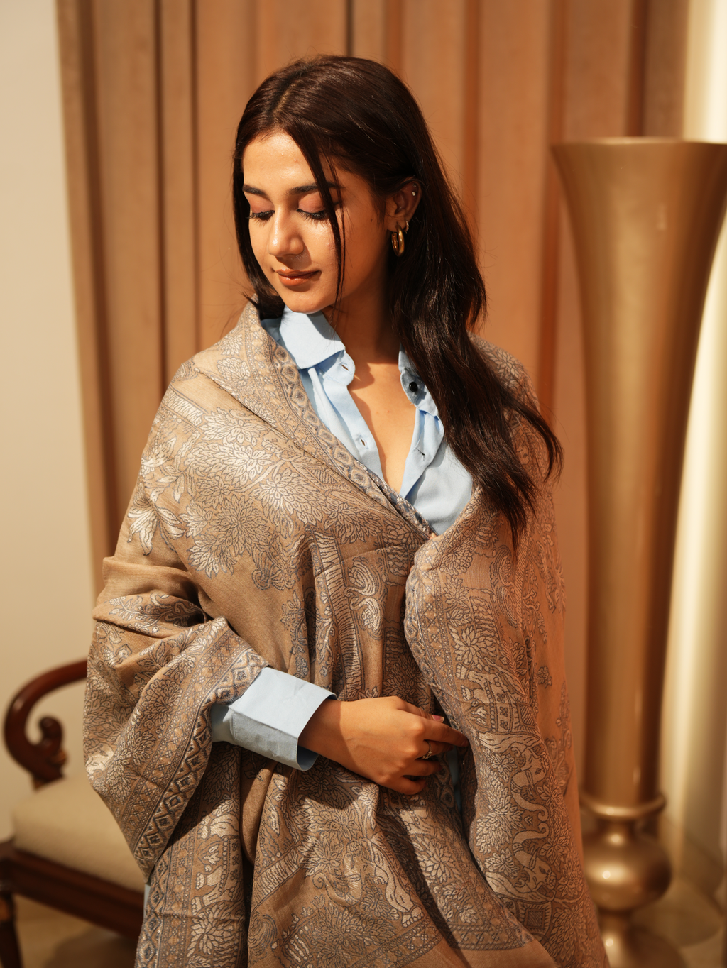 Karivani Women's Faux Pashmina Stole - Elephant Satin Motif Border