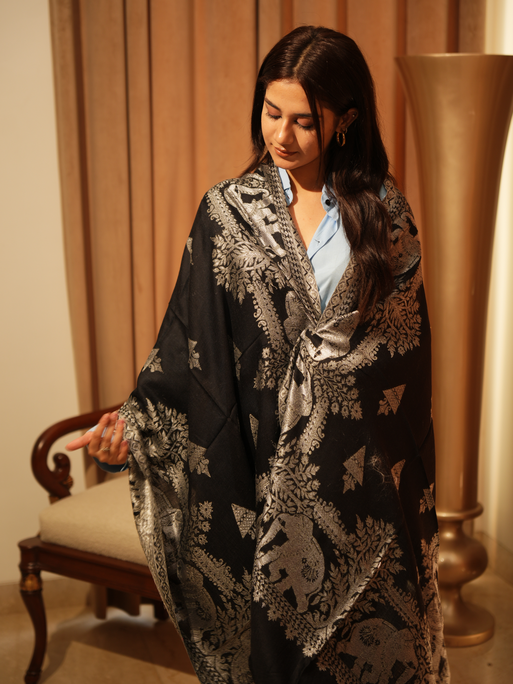 Karivani Women's Faux Pashmina Stole - Elephant Satin Motif Border