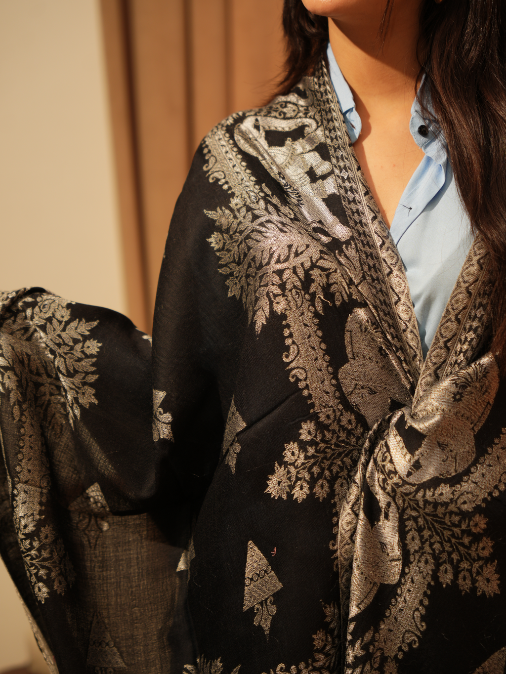 Karivani Women's Faux Pashmina Stole - Elephant Satin Motif Border