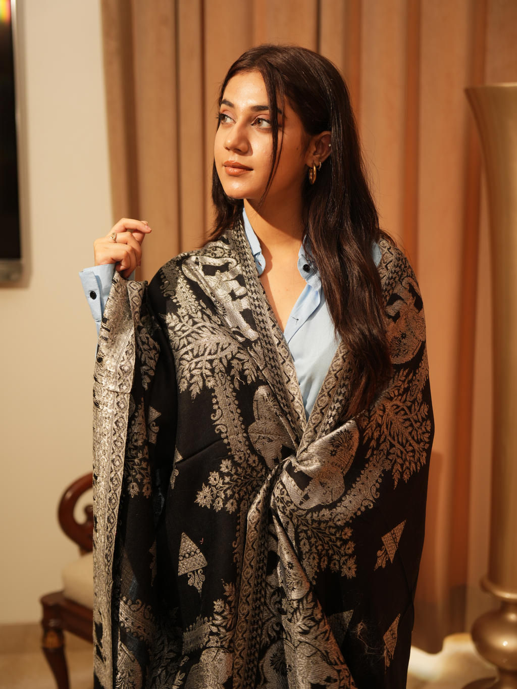 Karivani Women's Faux Pashmina Stole - Elephant Satin Motif Border