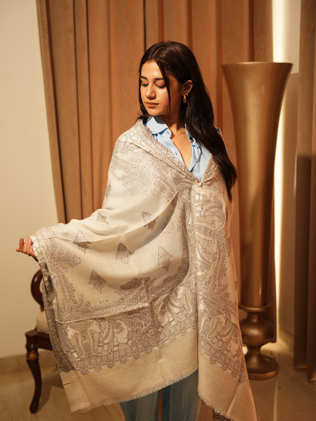 Karivani Women's Faux Pashmina Stole - Elephant Satin Motif Border