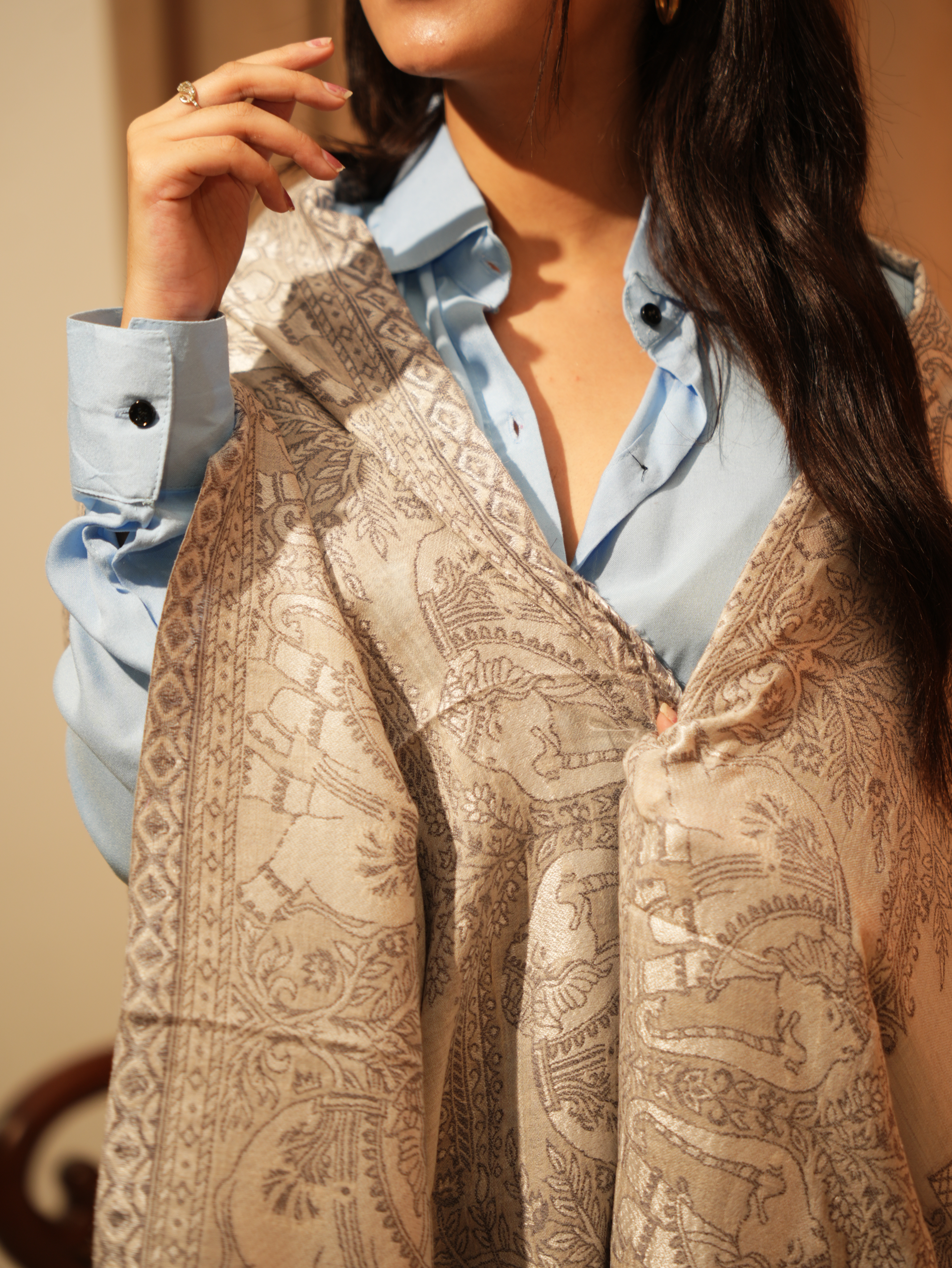 Karivani Women's Faux Pashmina Stole - Elephant Satin Motif Border