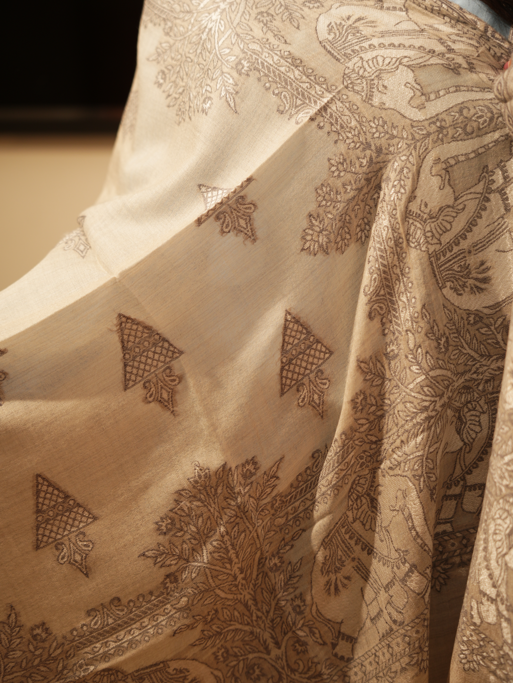 Karivani Women's Faux Pashmina Stole - Elephant Satin Motif Border