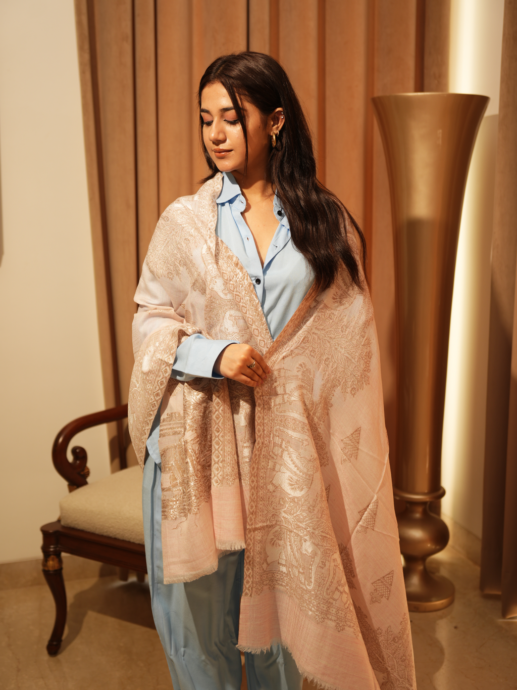 Karivani Women's Faux Pashmina Stole - Elephant Satin Motif Border