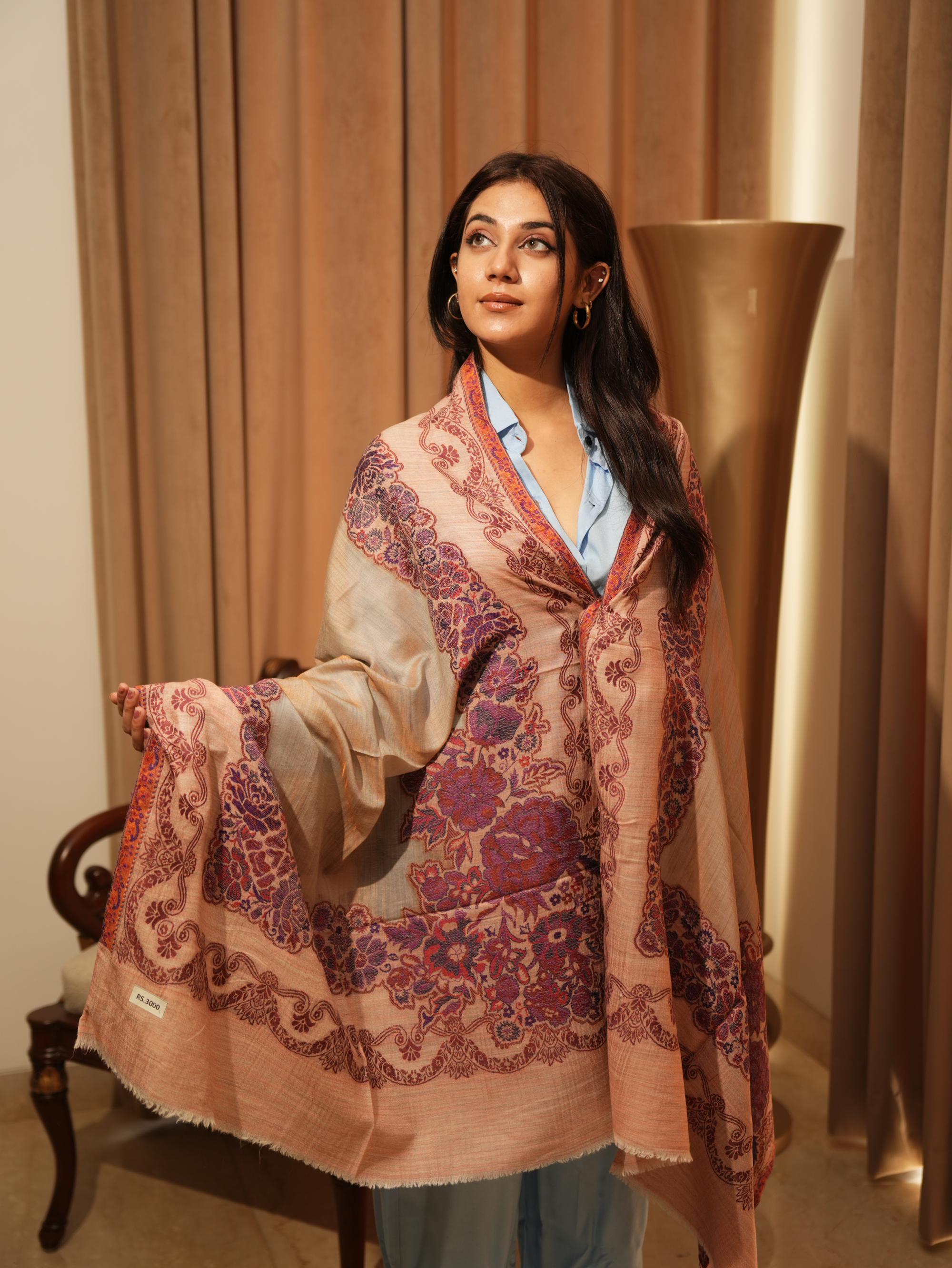 Karivani Women's Faux Pashmina Stole - Kani Flower Border Stole