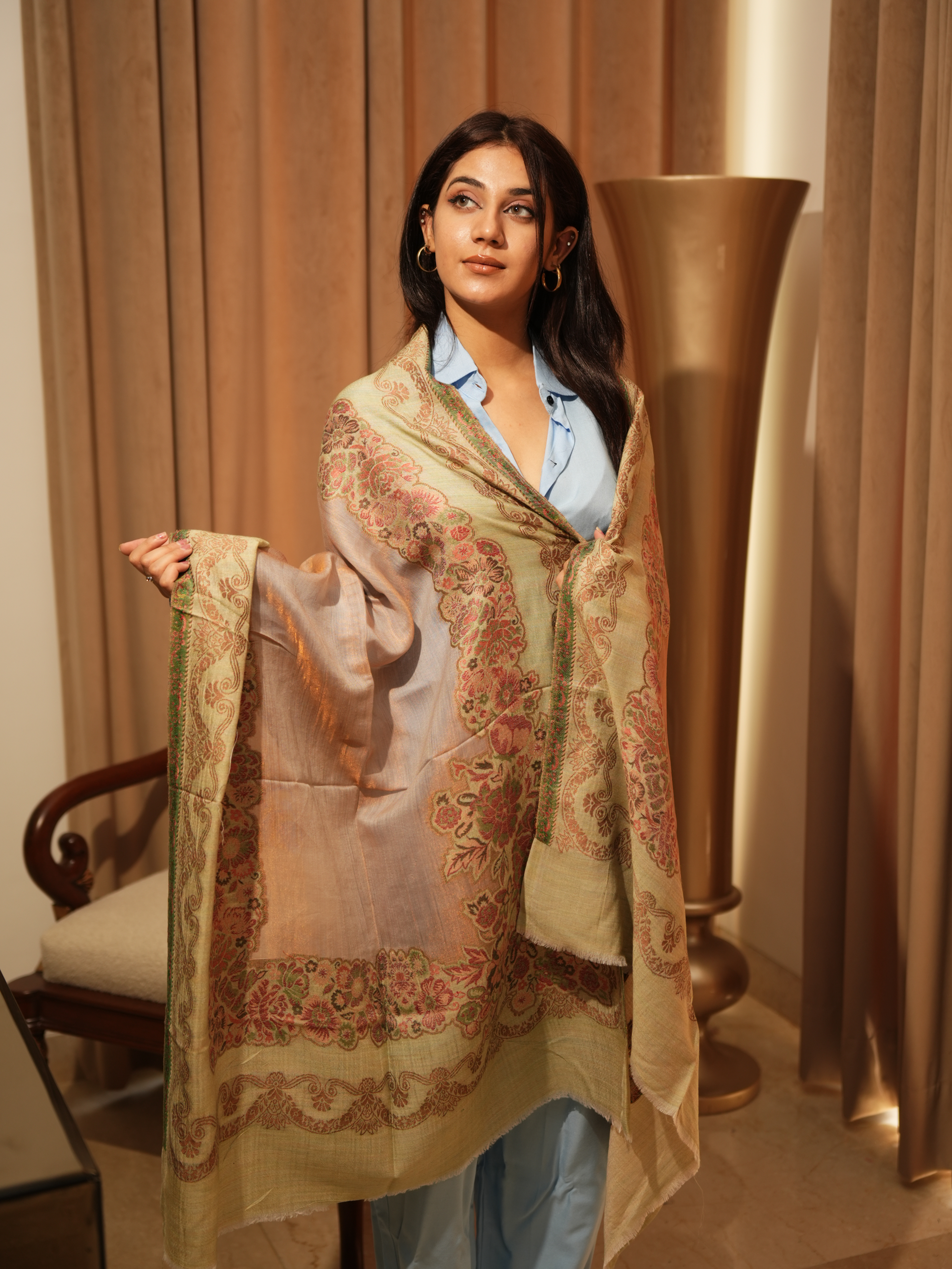 Karivani Women's Faux Pashmina Stole - Kani Flower Border Stole