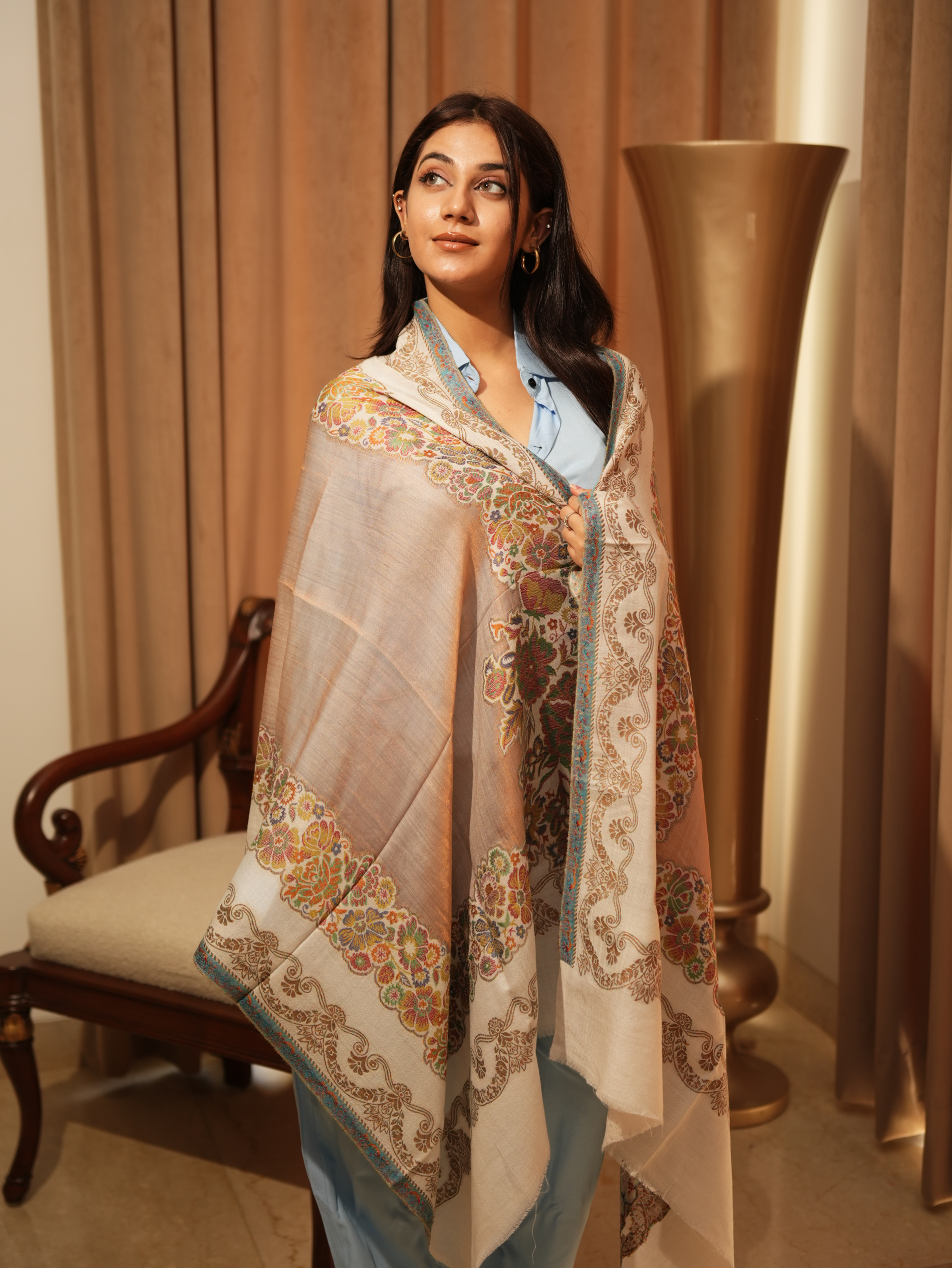 Karivani Women's Faux Pashmina Stole - Kani Flower Border Stole