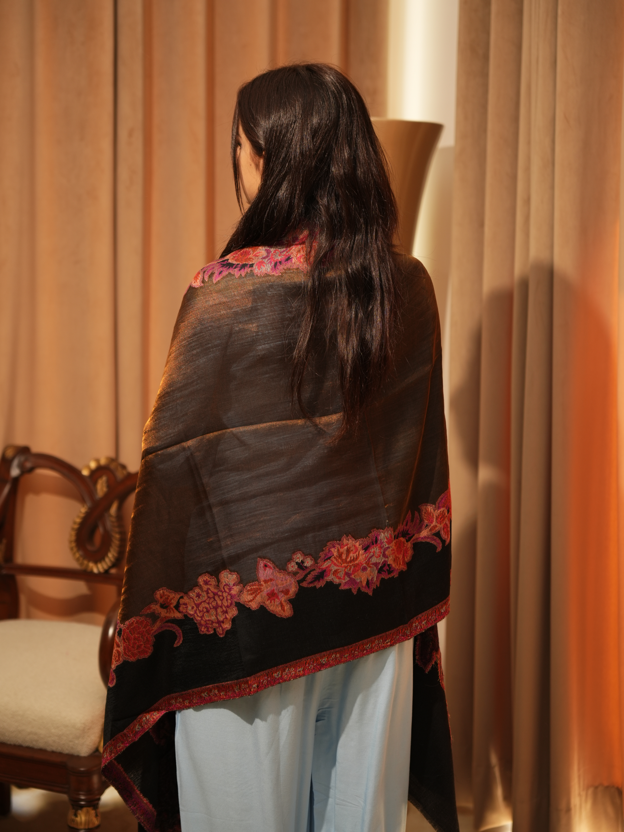 Karivani Women's Faux Pashmina Stole - Kani Flower Border Stole