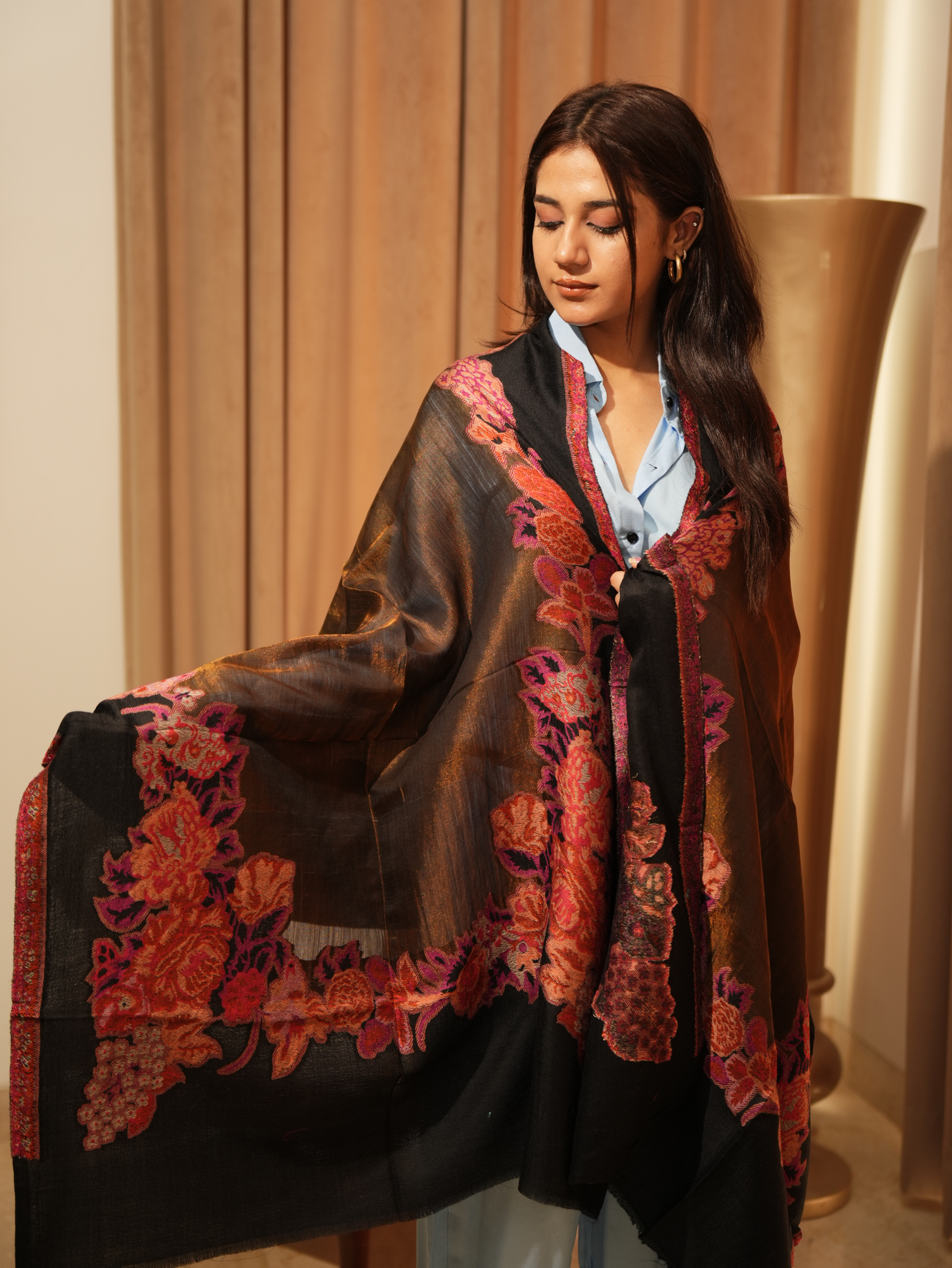 Karivani Women's Faux Pashmina Stole - Kani Flower Border Stole