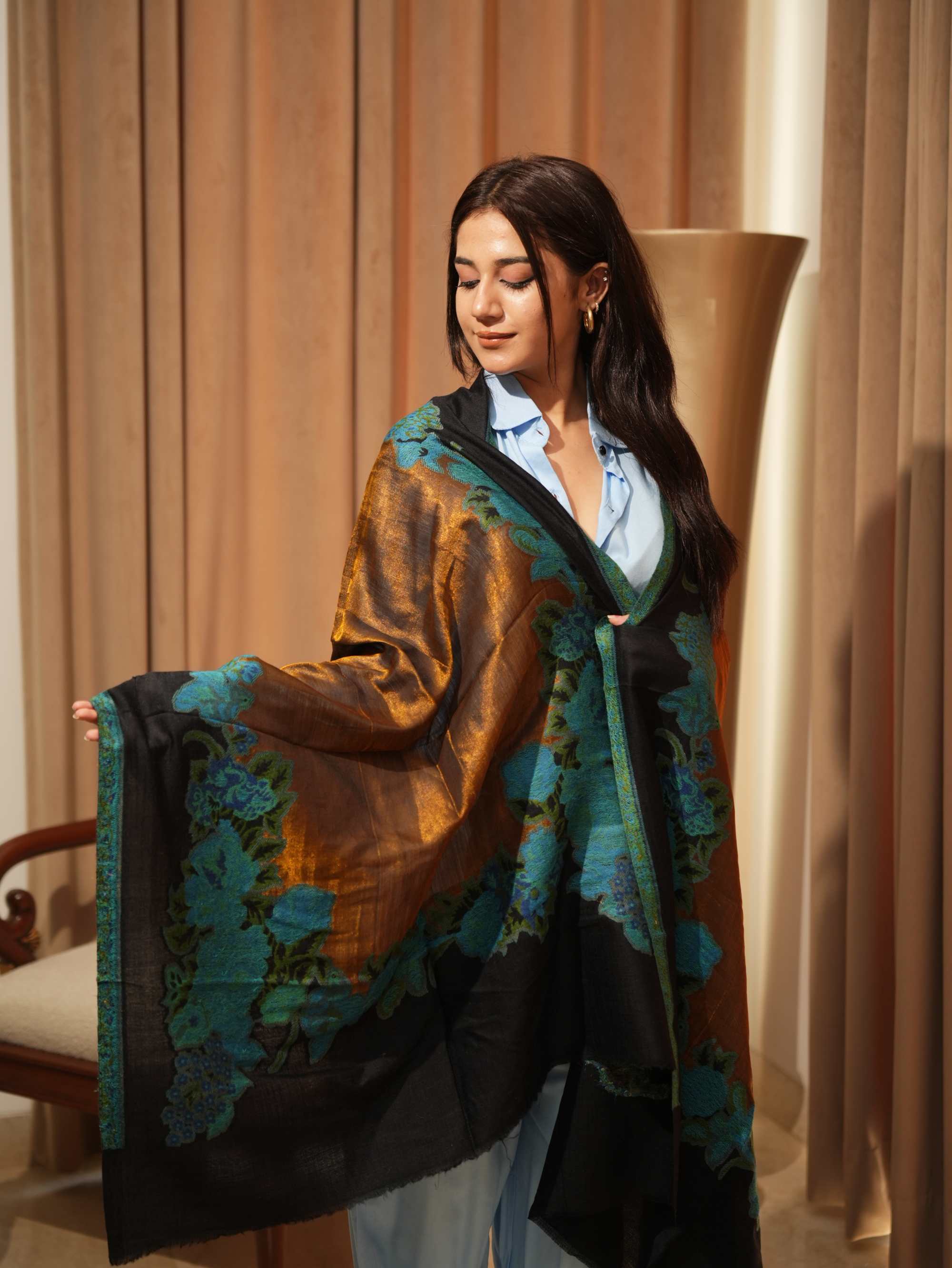 Karivani Women's Faux Pashmina Stole - Kani Flower Border Stole