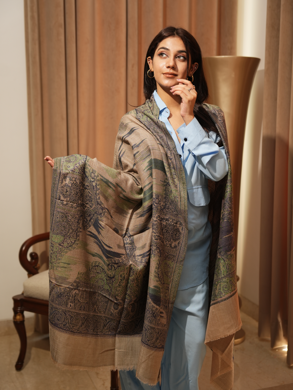 Karivani Women's Faux Pashmina Stole - Ikkat Zig Zag Stole