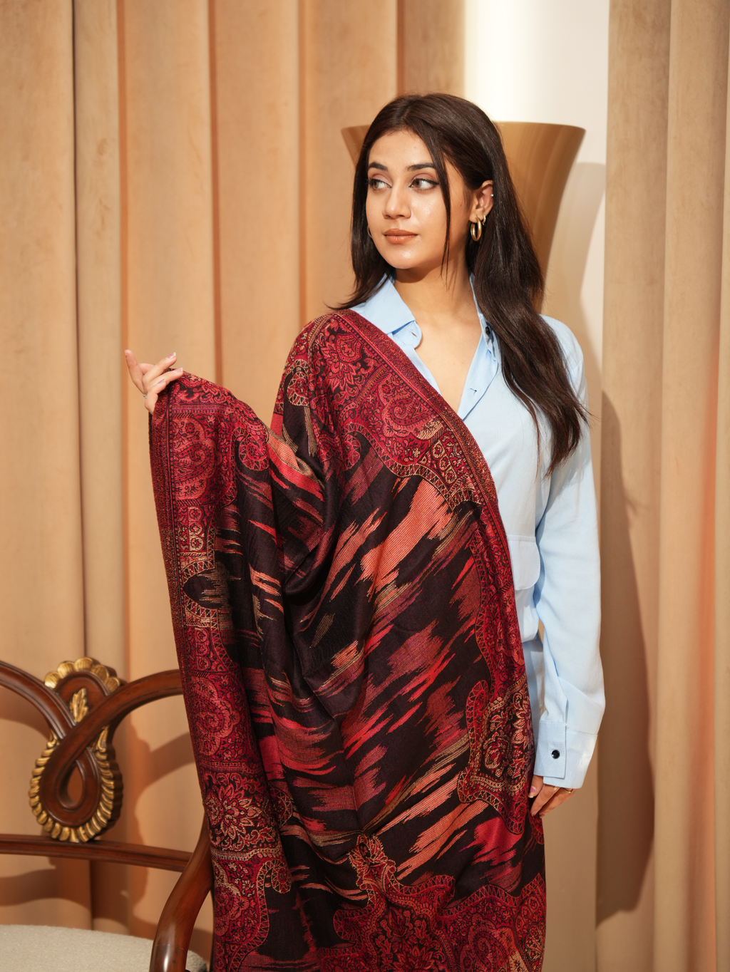 Karivani Women's Faux Pashmina Stole - Ikkat Zig Zag Stole