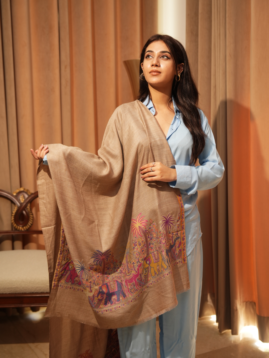 Karivani Women's Faux Pashmina Stole - Camel Multi Border