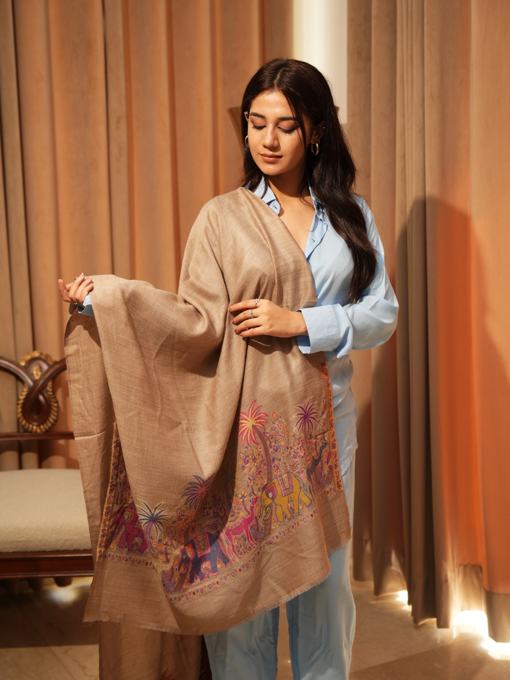 Karivani Women's Faux Pashmina Stole - Camel Multi Border