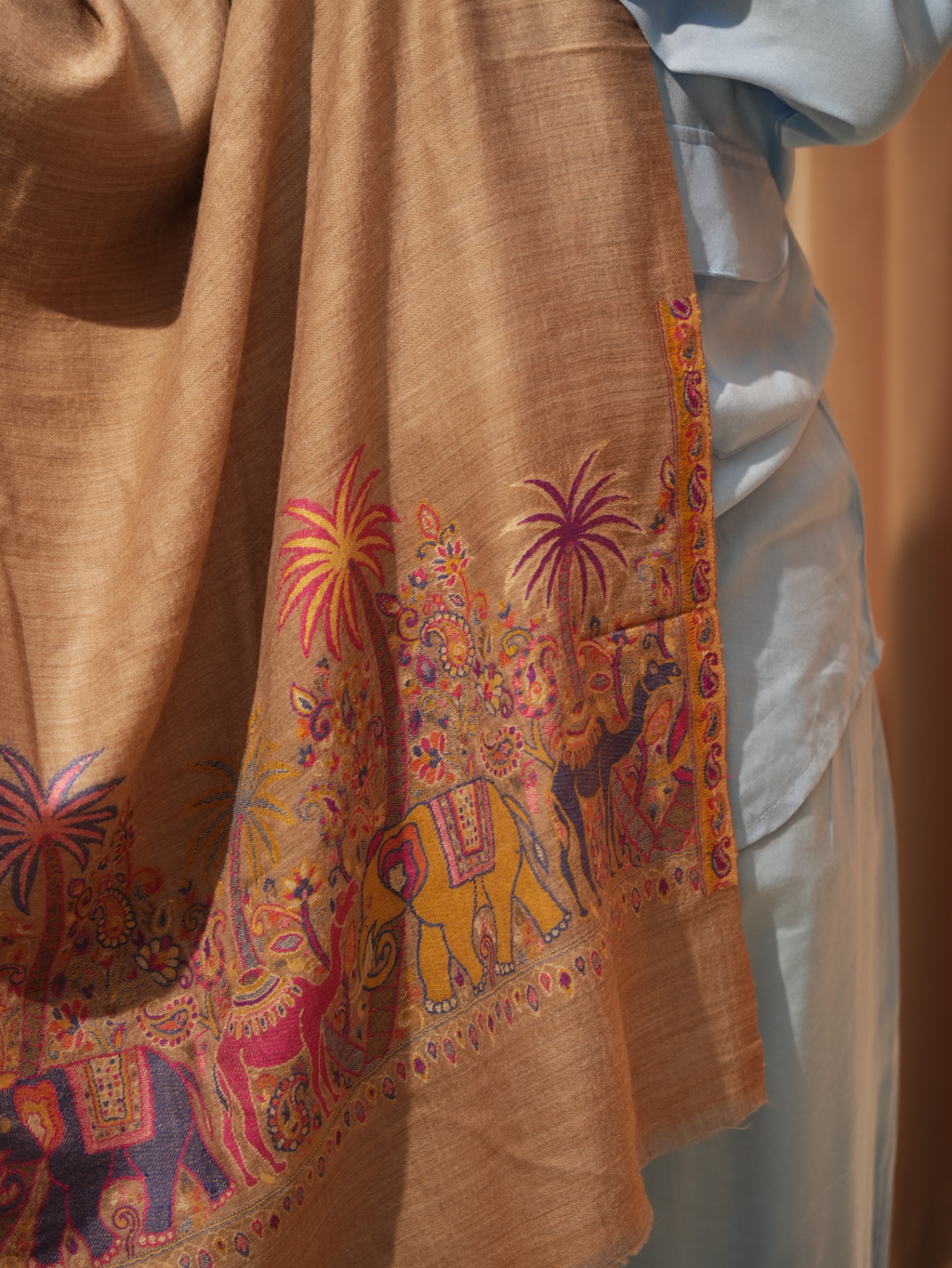 Karivani Women's Faux Pashmina Stole - Camel Multi Border