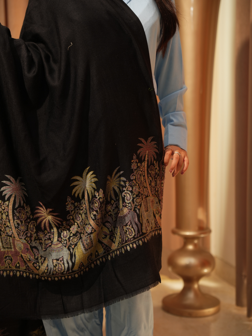 Karivani Women's Faux Pashmina Stole - Camel Multi Border