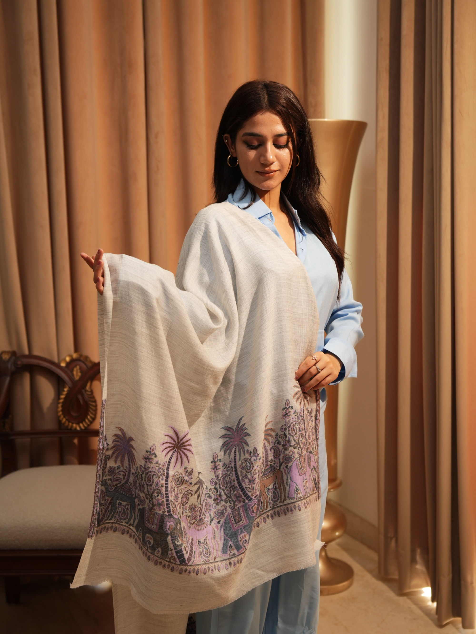 Karivani Women's Faux Pashmina Stole - Camel Multi Border