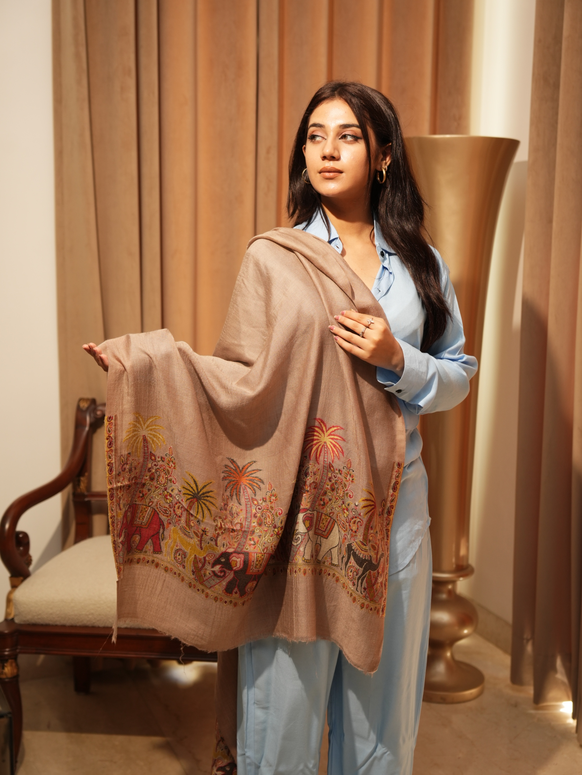 Karivani Women's Faux Pashmina Stole - Camel Multi Border