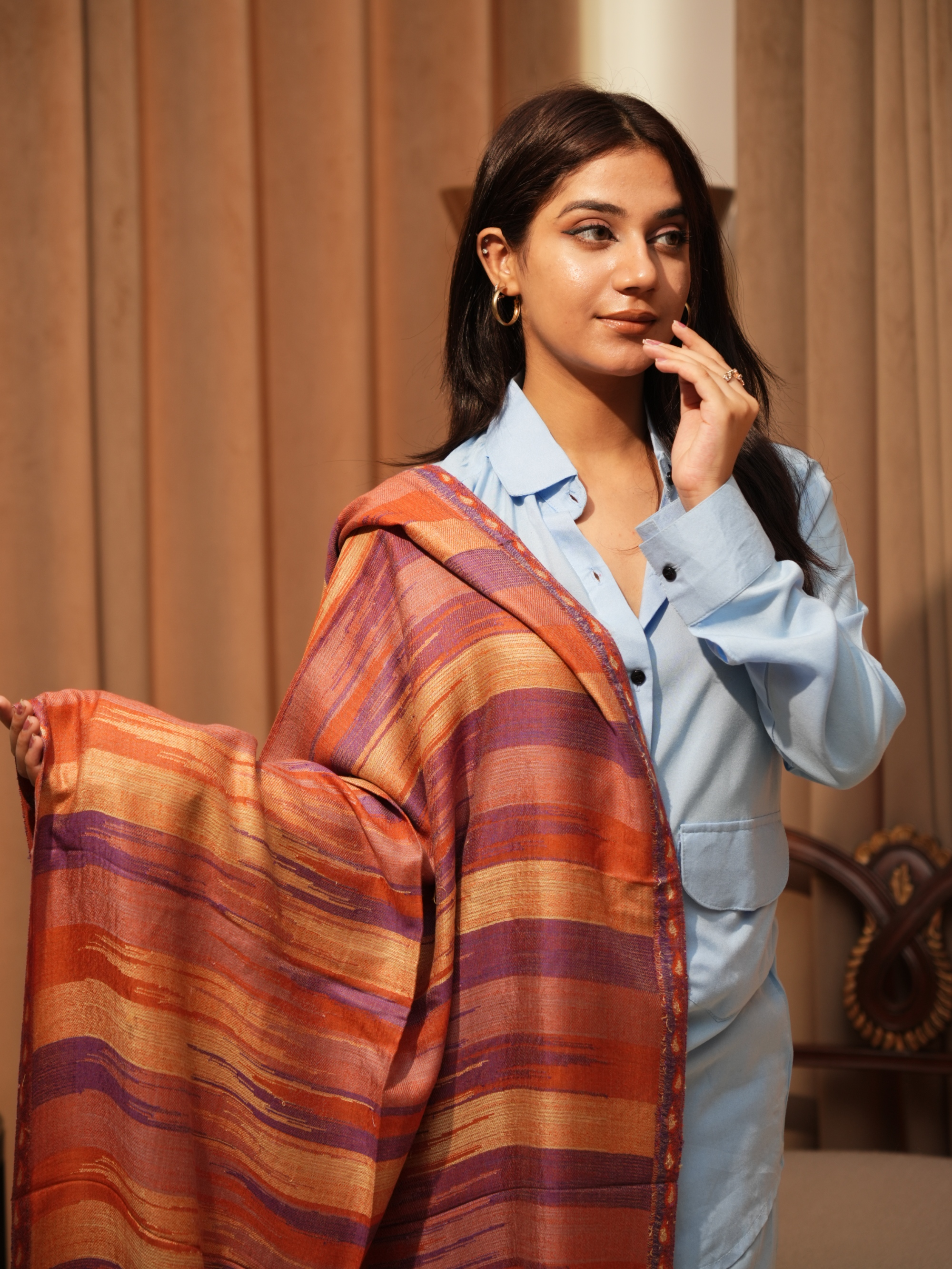 Karivani Women's Faux Pashmina Stole - Ikkat Stripe Stole