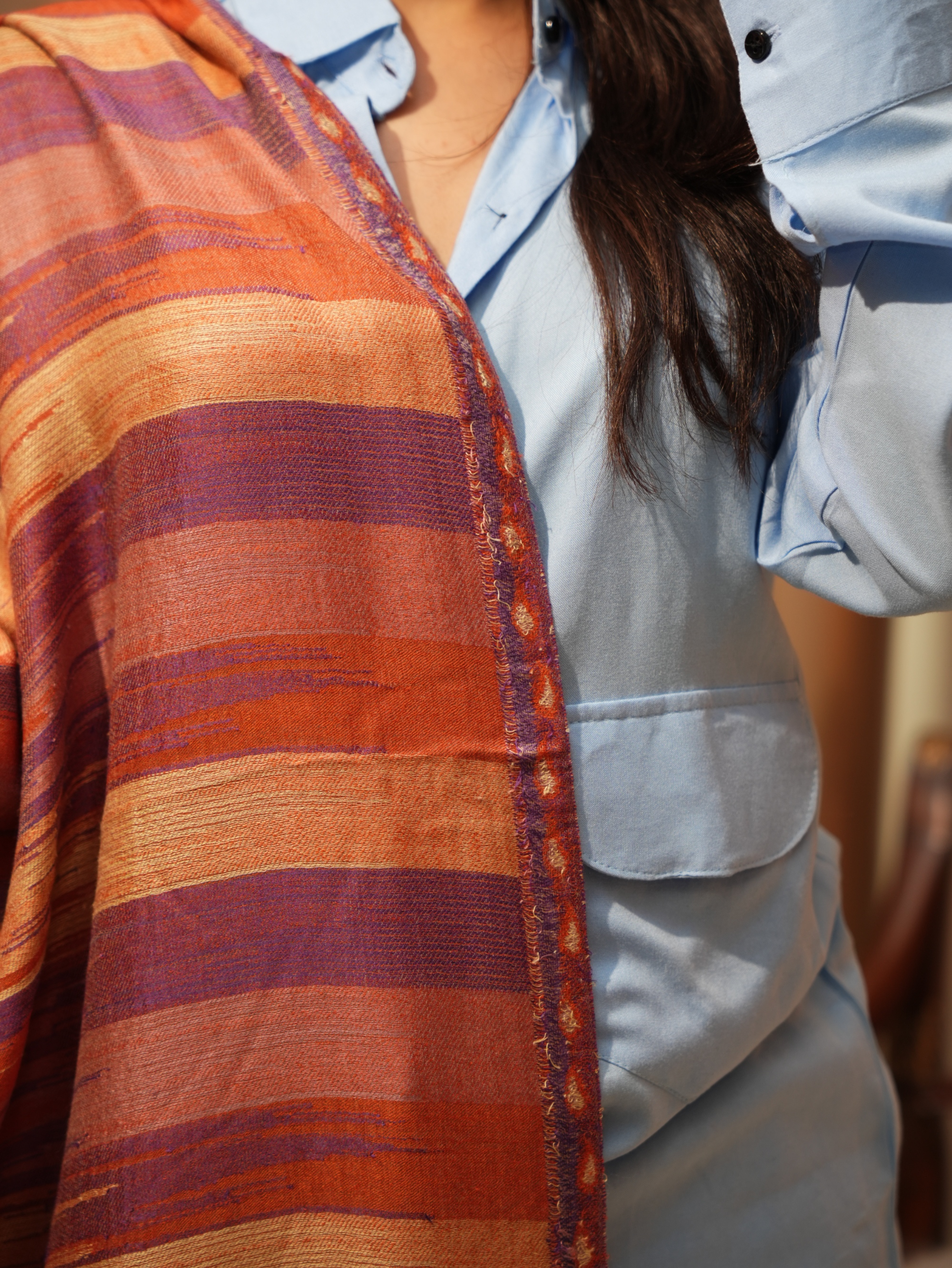 Karivani Women's Faux Pashmina Stole - Ikkat Stripe Stole