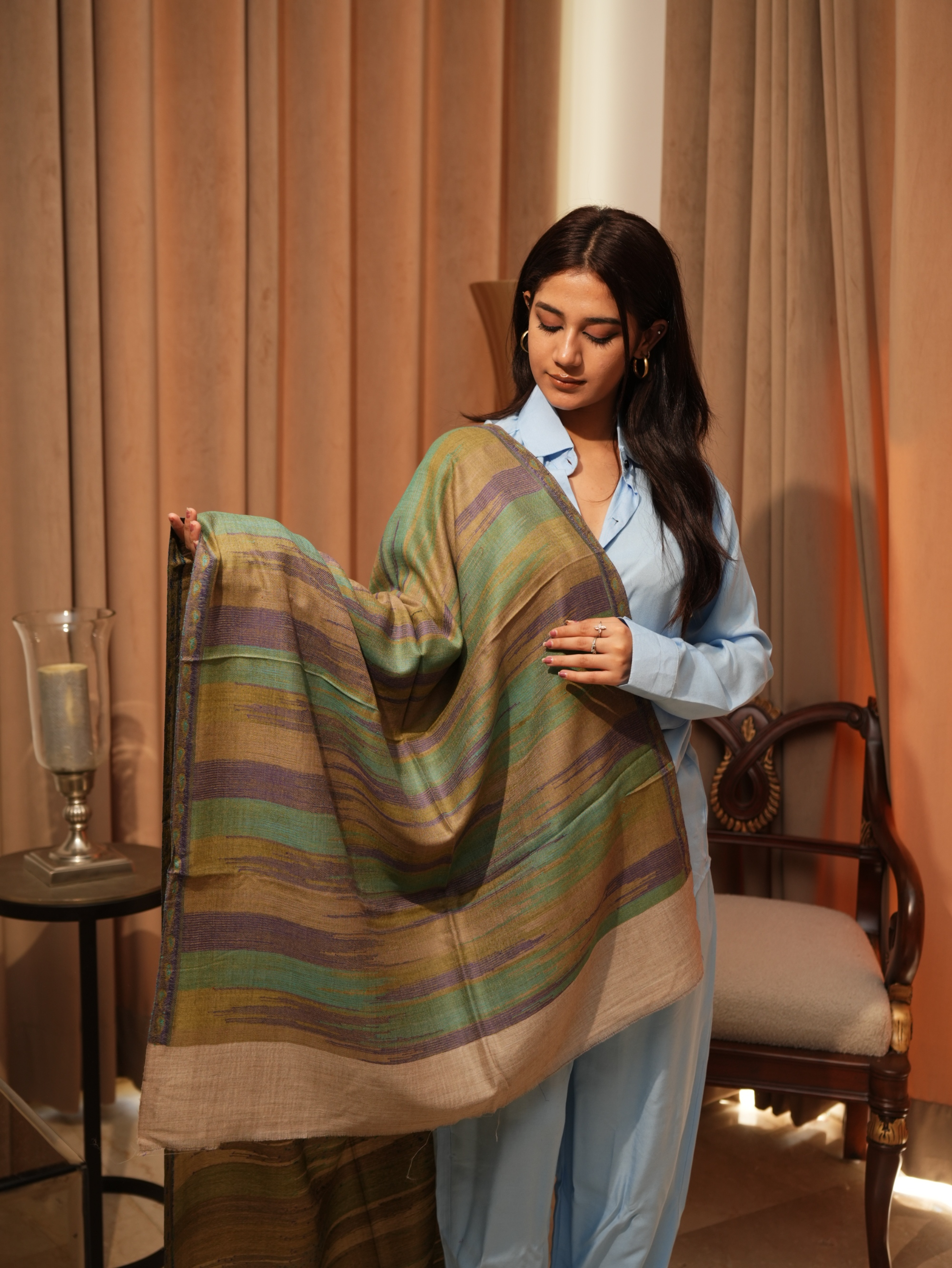 Karivani Women's Faux Pashmina Stole - Ikkat Stripe Stole