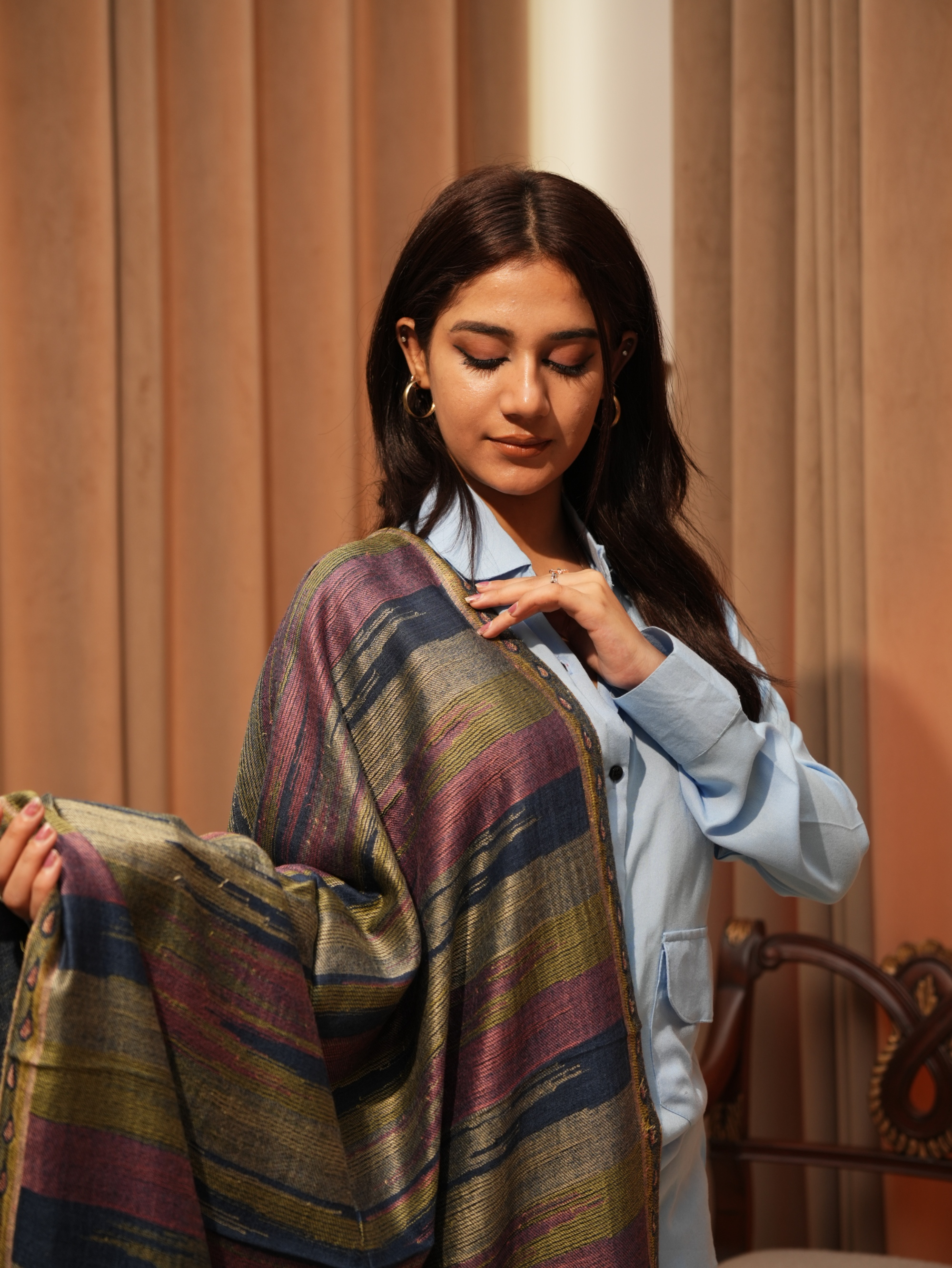 Karivani Women's Faux Pashmina Stole - Ikkat Stripe Stole