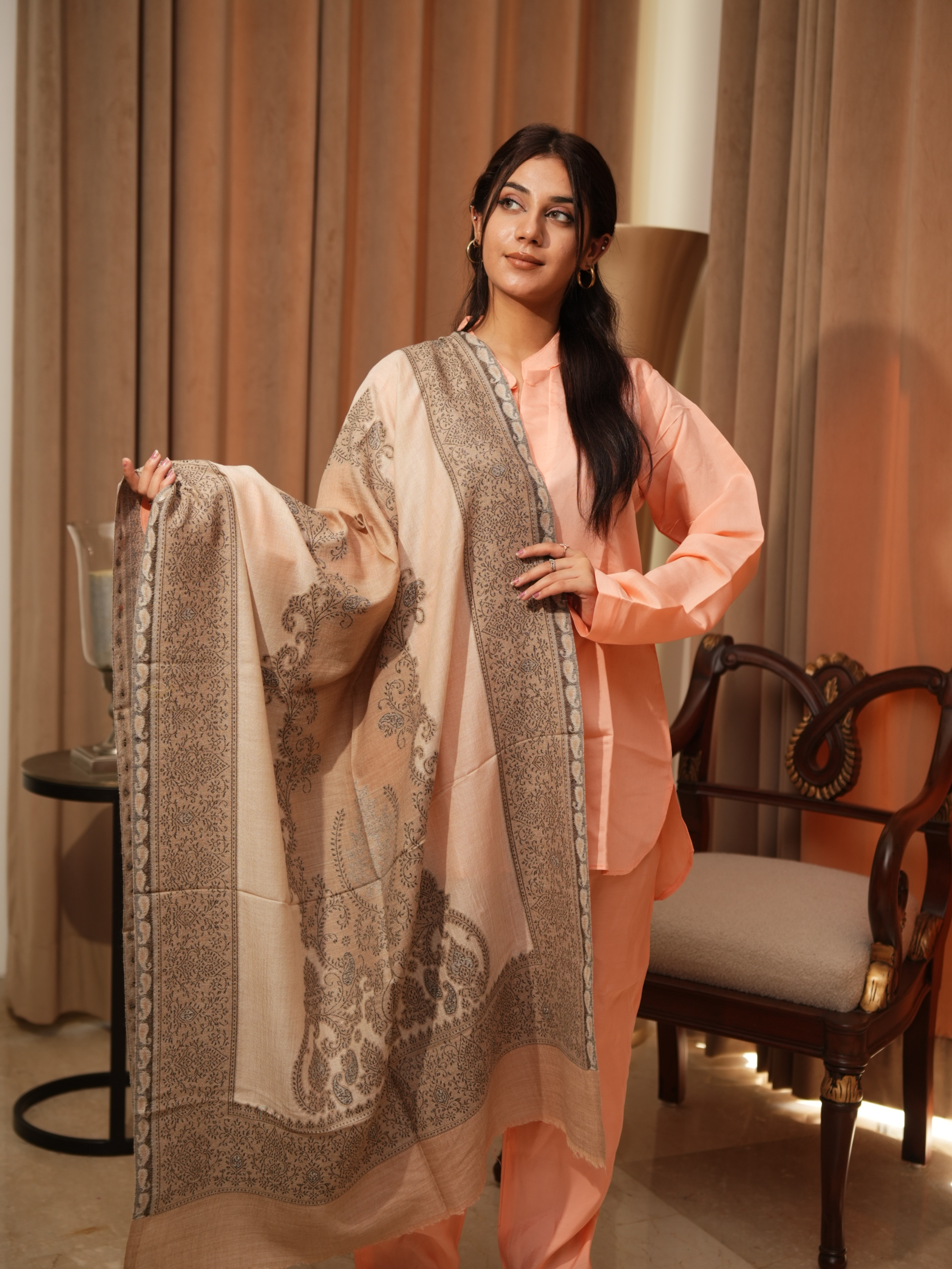 Karivani Women's Faux Pashmina Stole - Side Flower Cutting