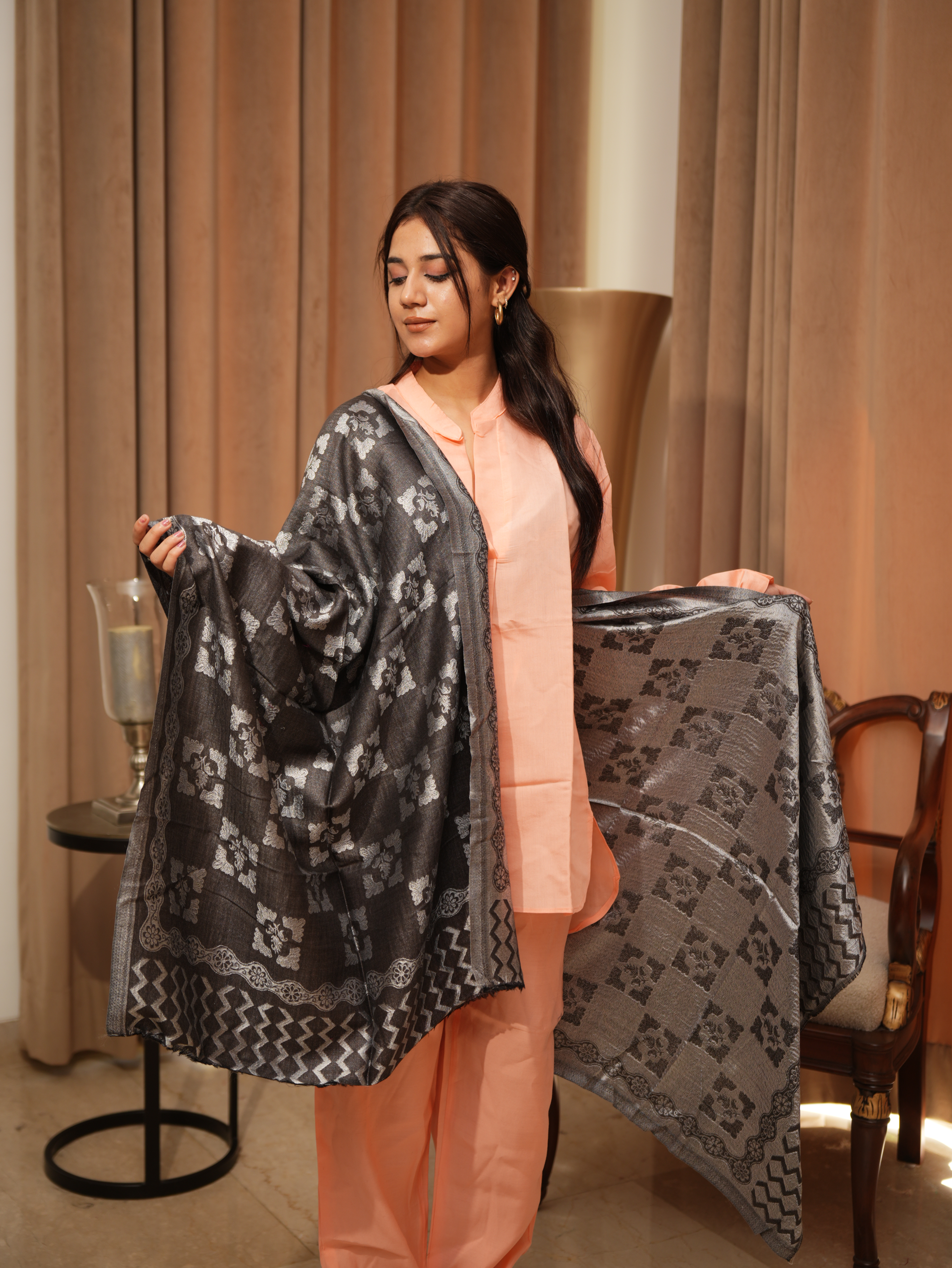 Karivani Women's Faux Pashmina Stole - Shiny Silk Jaal