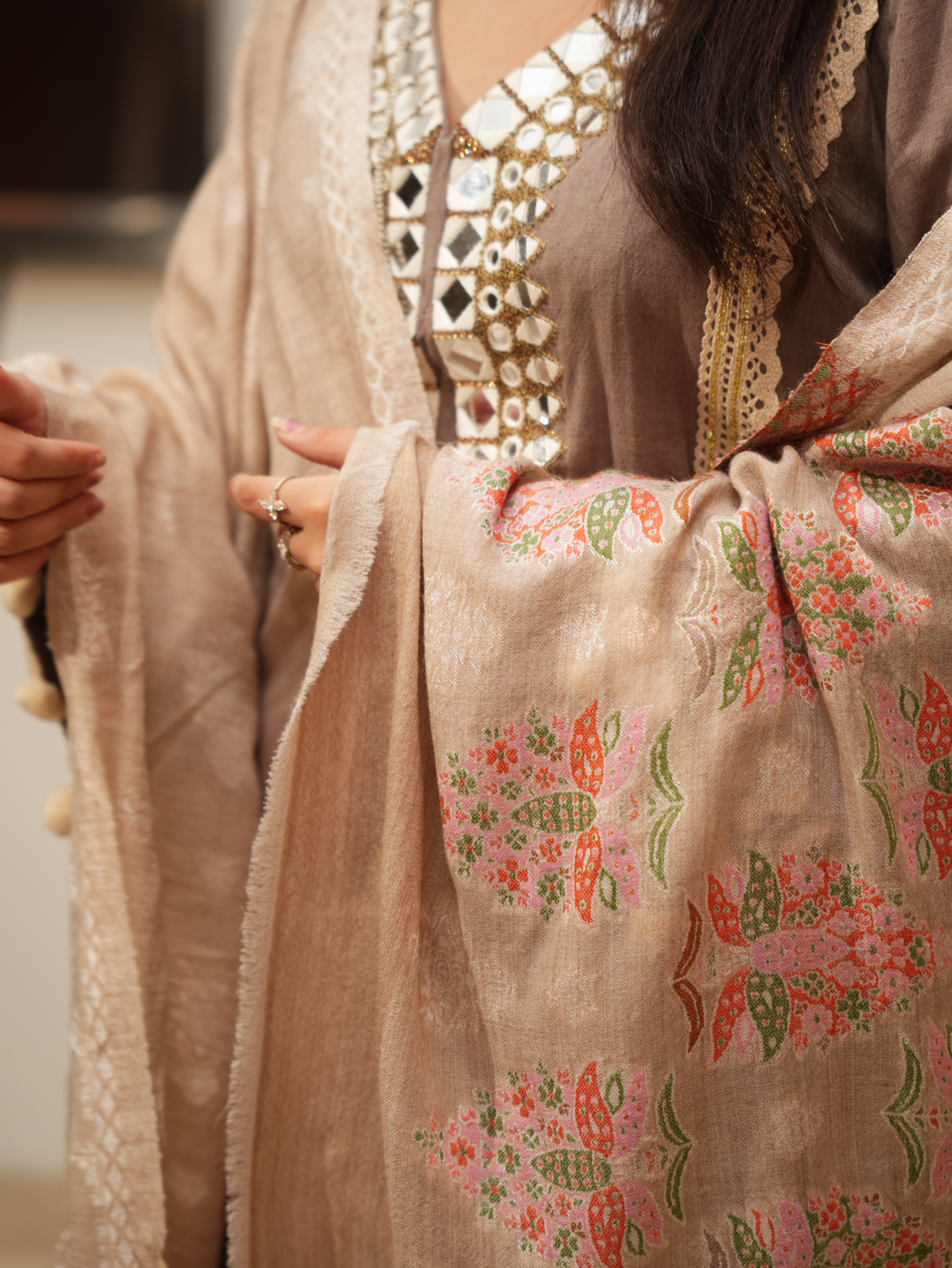 Karivani Women's Faux Pashmina Shawl - Multi Tree Buti Shawl