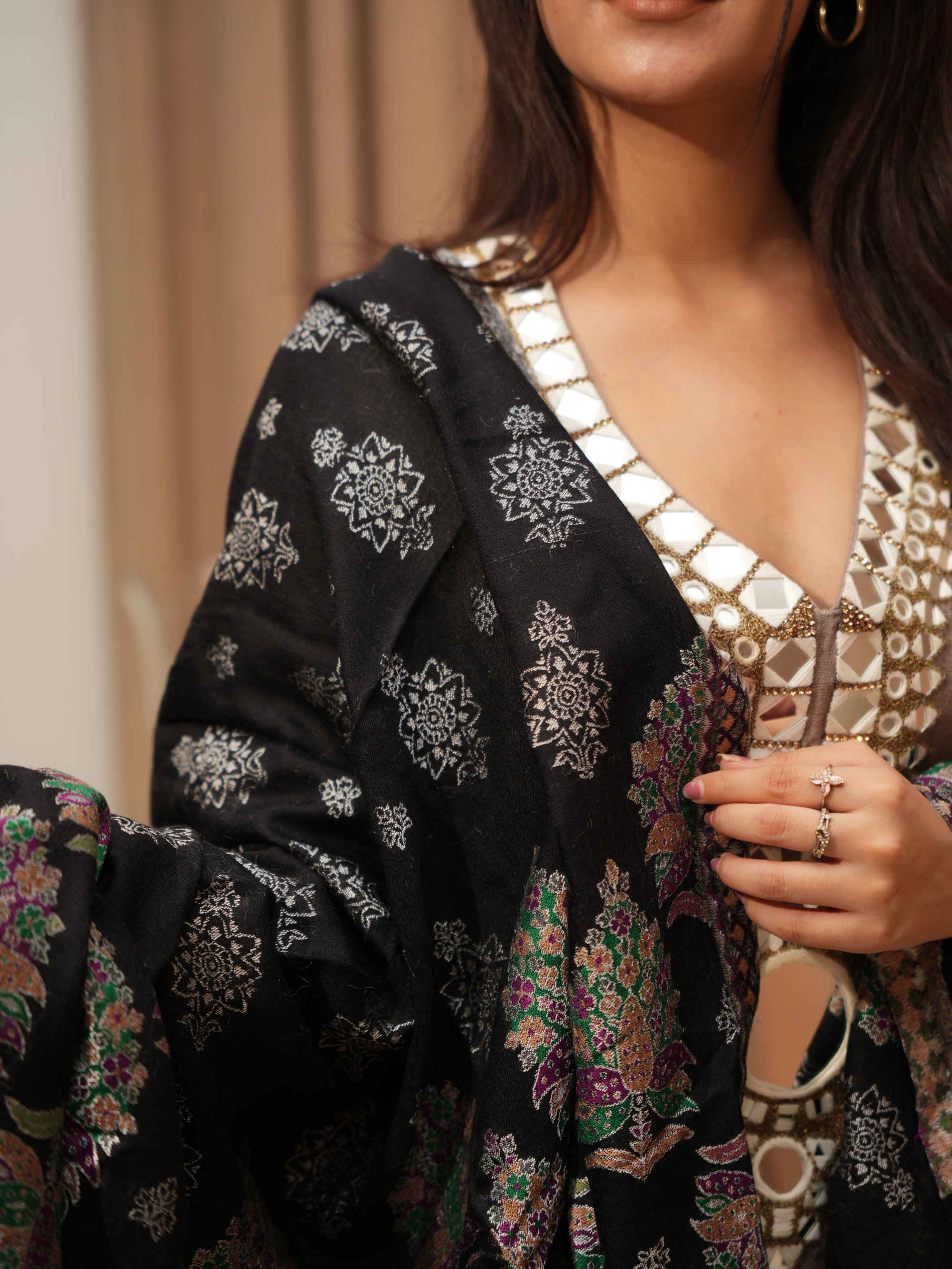 Karivani Women's Faux Pashmina Shawl - Multi Tree Buti Shawl