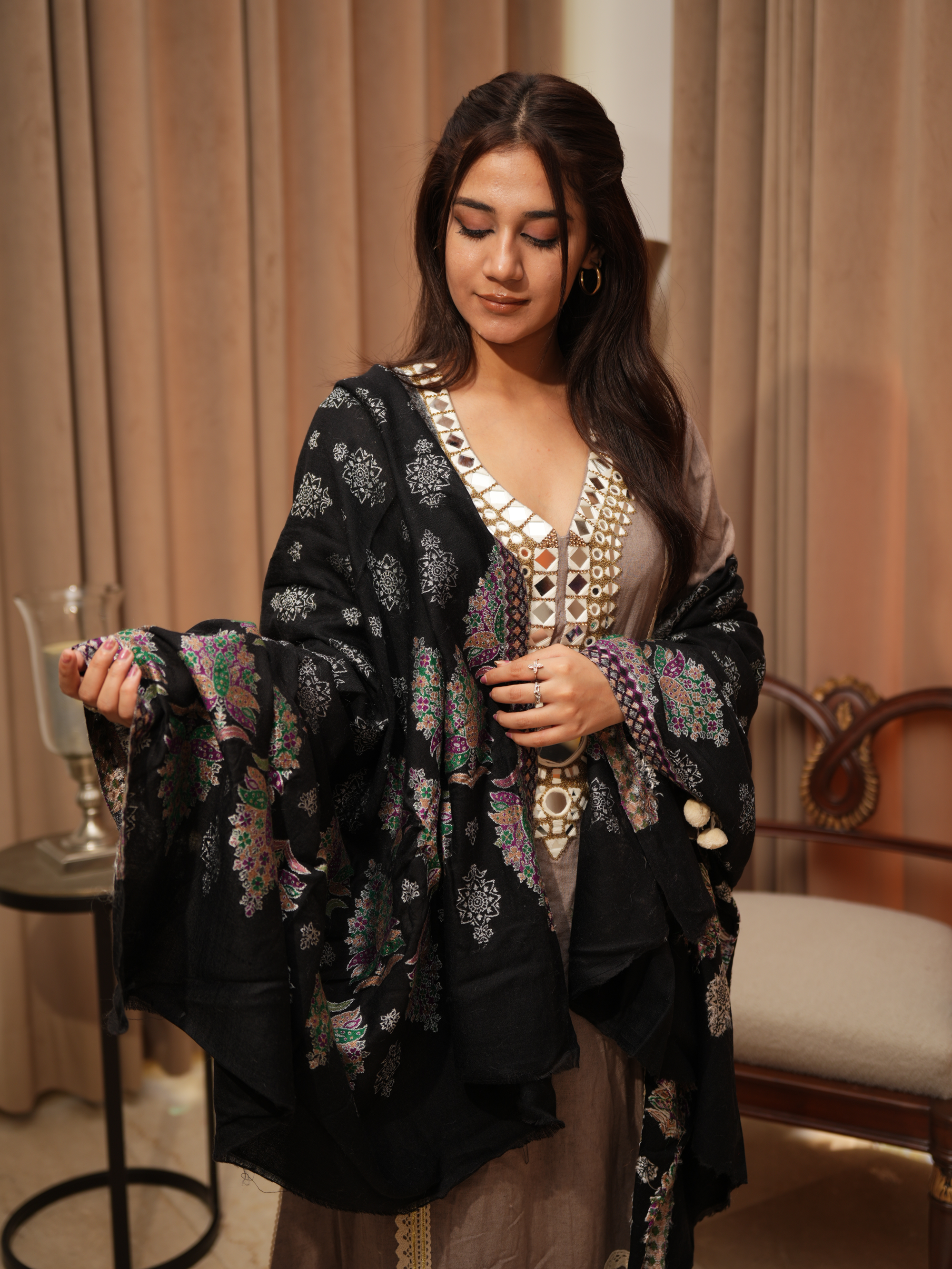 Karivani Women's Faux Pashmina Shawl - Multi Tree Buti Shawl