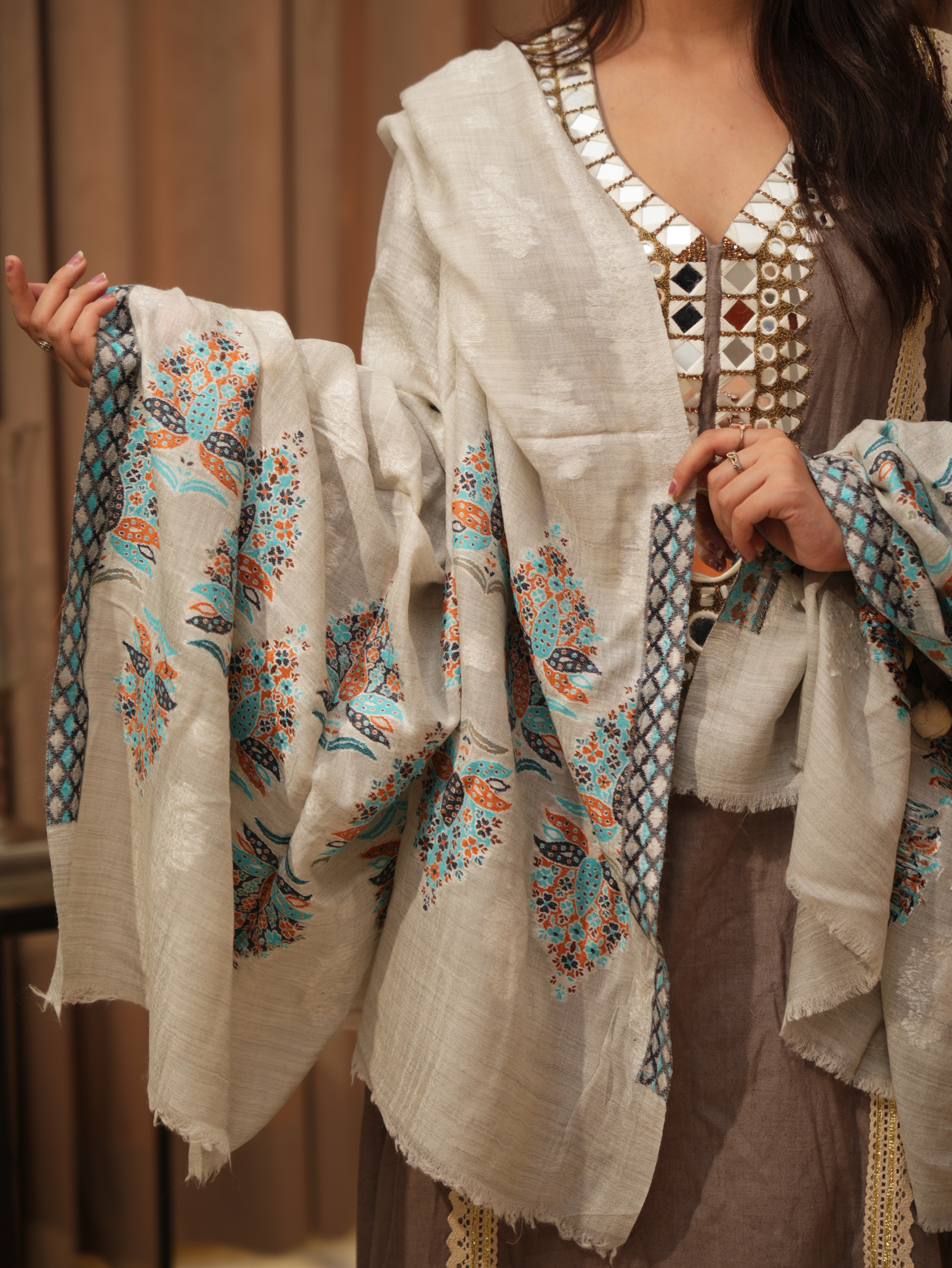 Karivani Women's Faux Pashmina Shawl - Multi Tree Buti Shawl