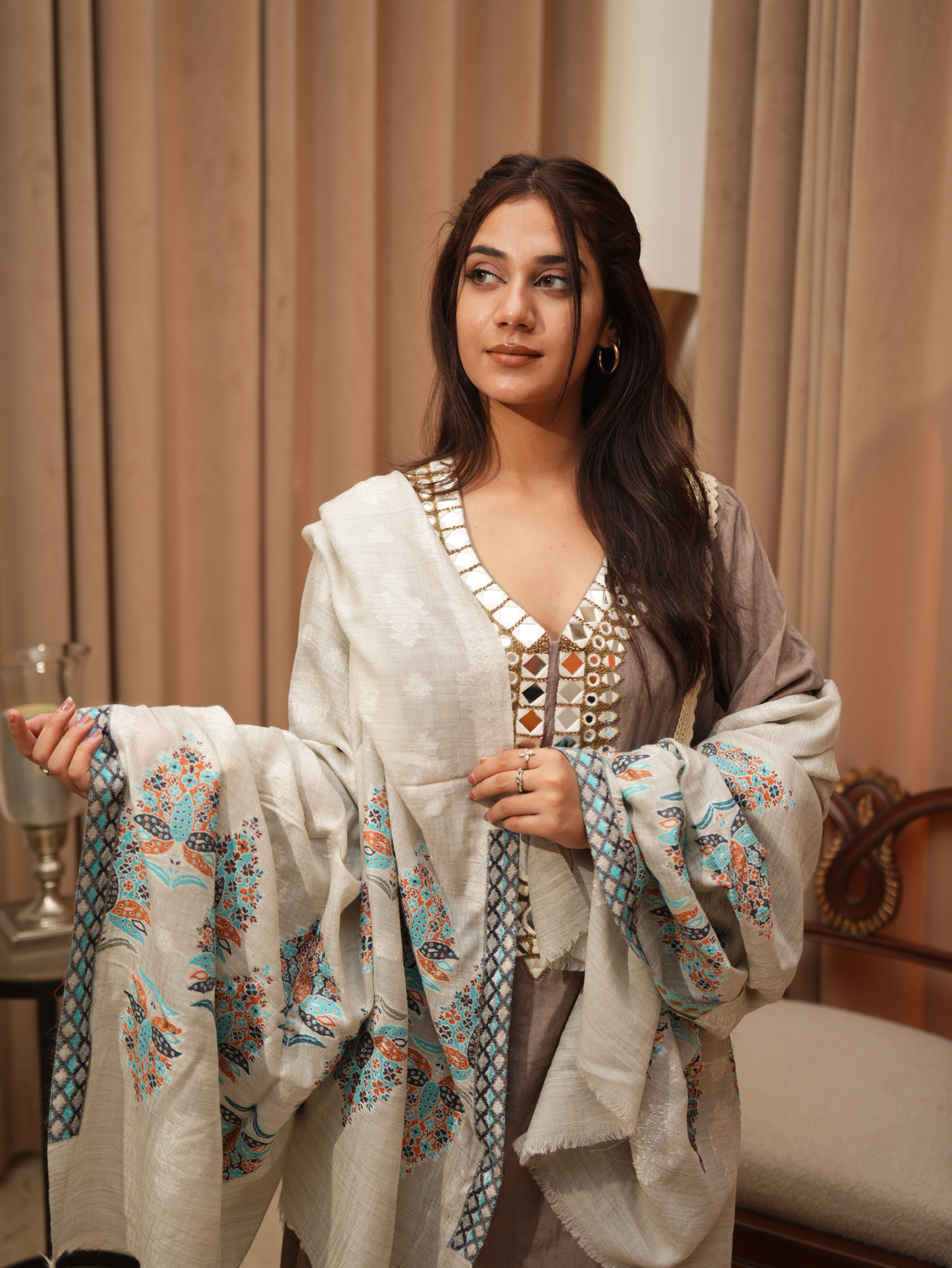 Karivani Women's Faux Pashmina Shawl - Multi Tree Buti Shawl