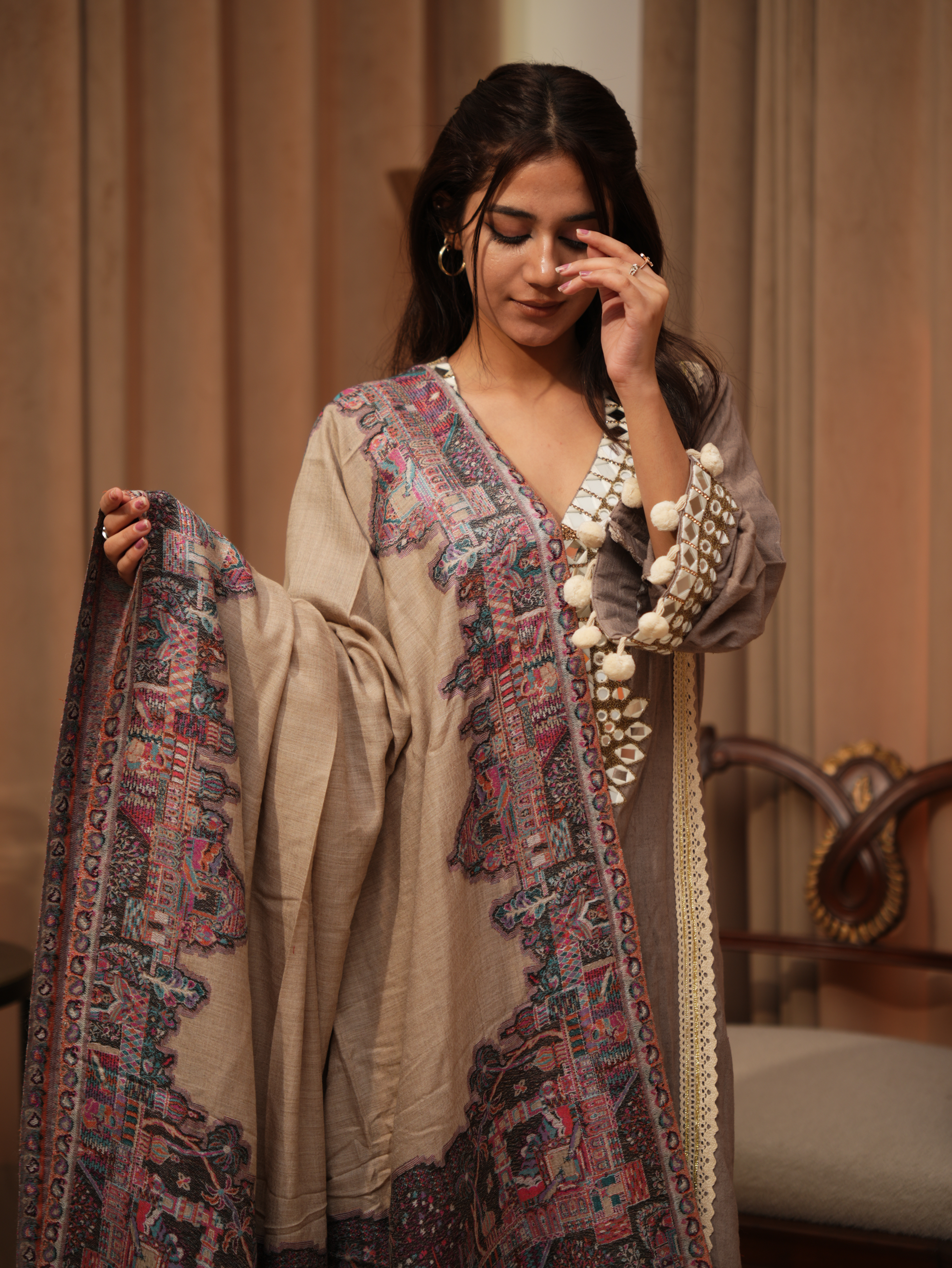 Karivani Women's Faux Pashmina Shawl - Muglai Border Shawl