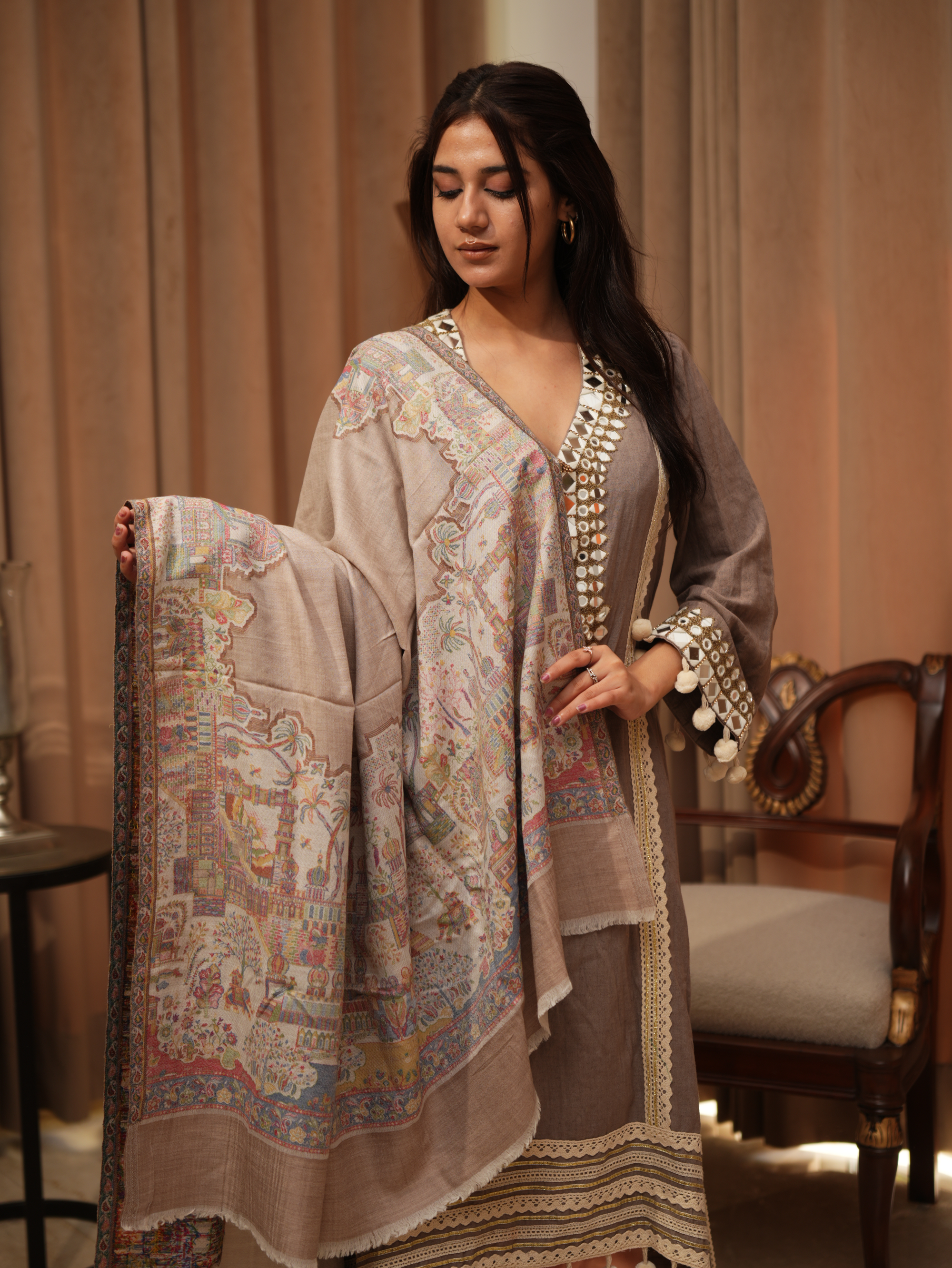 Karivani Women's Faux Pashmina Shawl - Muglai Border Shawl