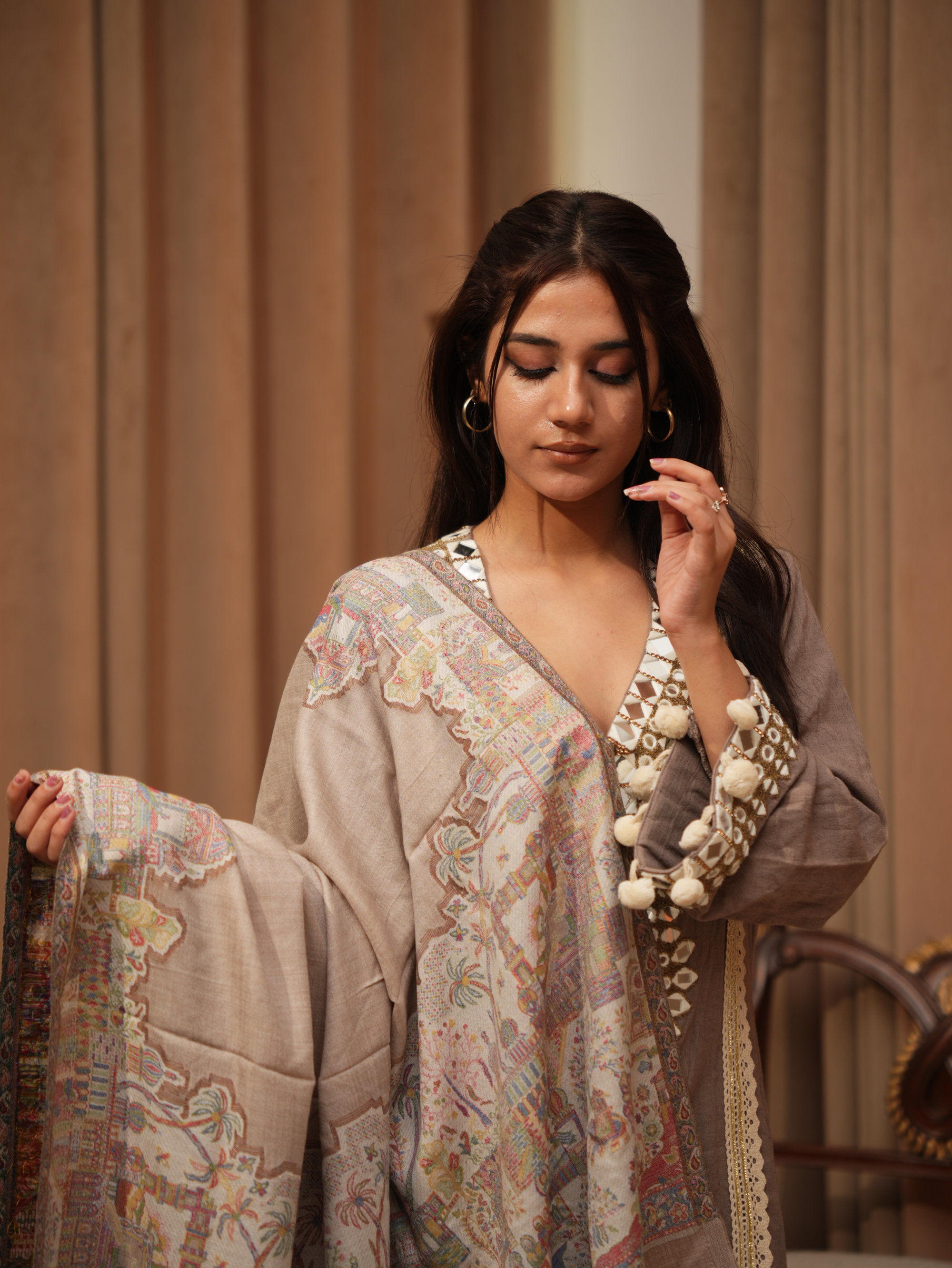 Karivani Women's Faux Pashmina Shawl - Muglai Border Shawl