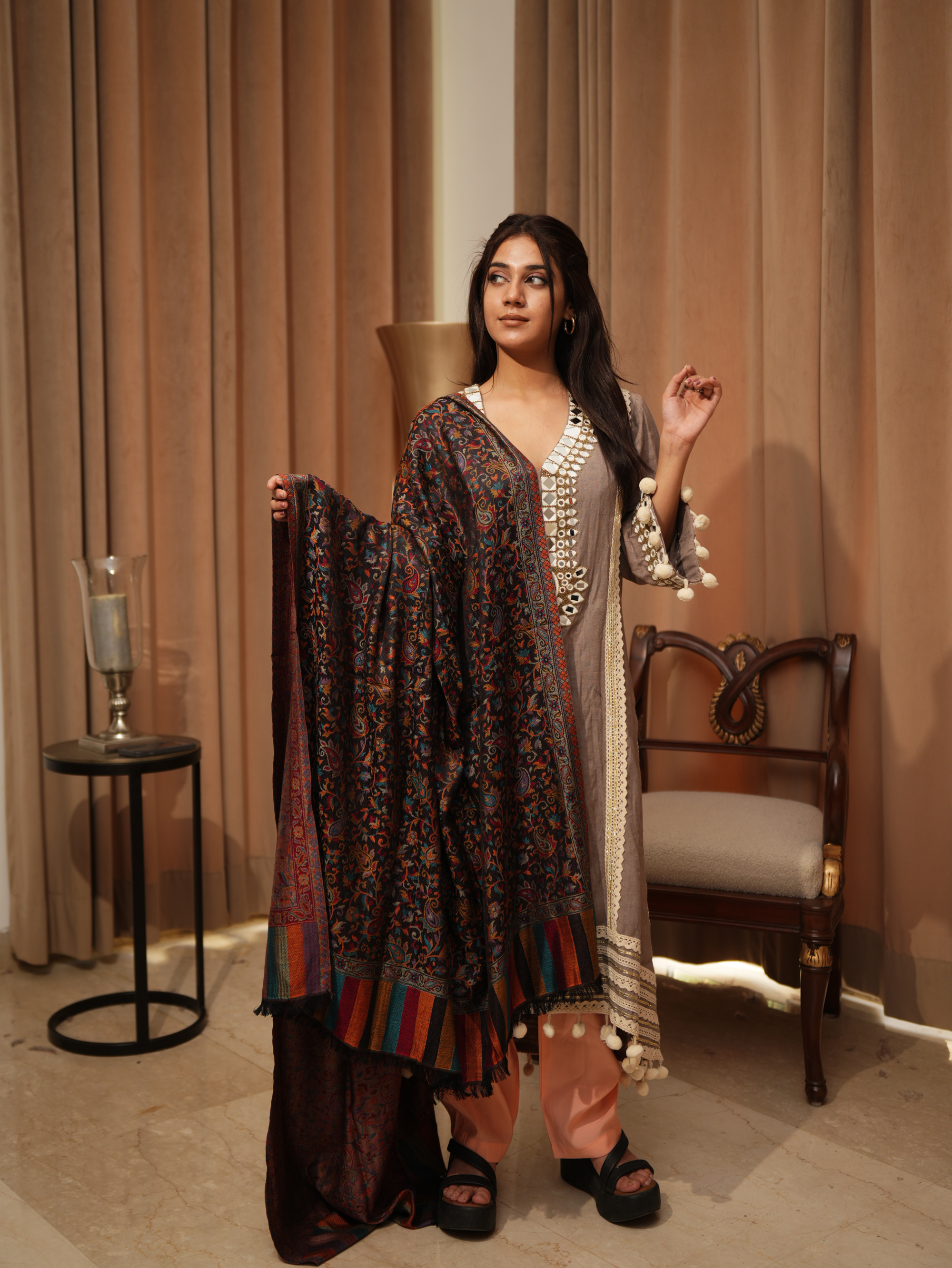 Karivani Women's Faux Pashmina Shawl - Modal Jamawar Reversible Shawl