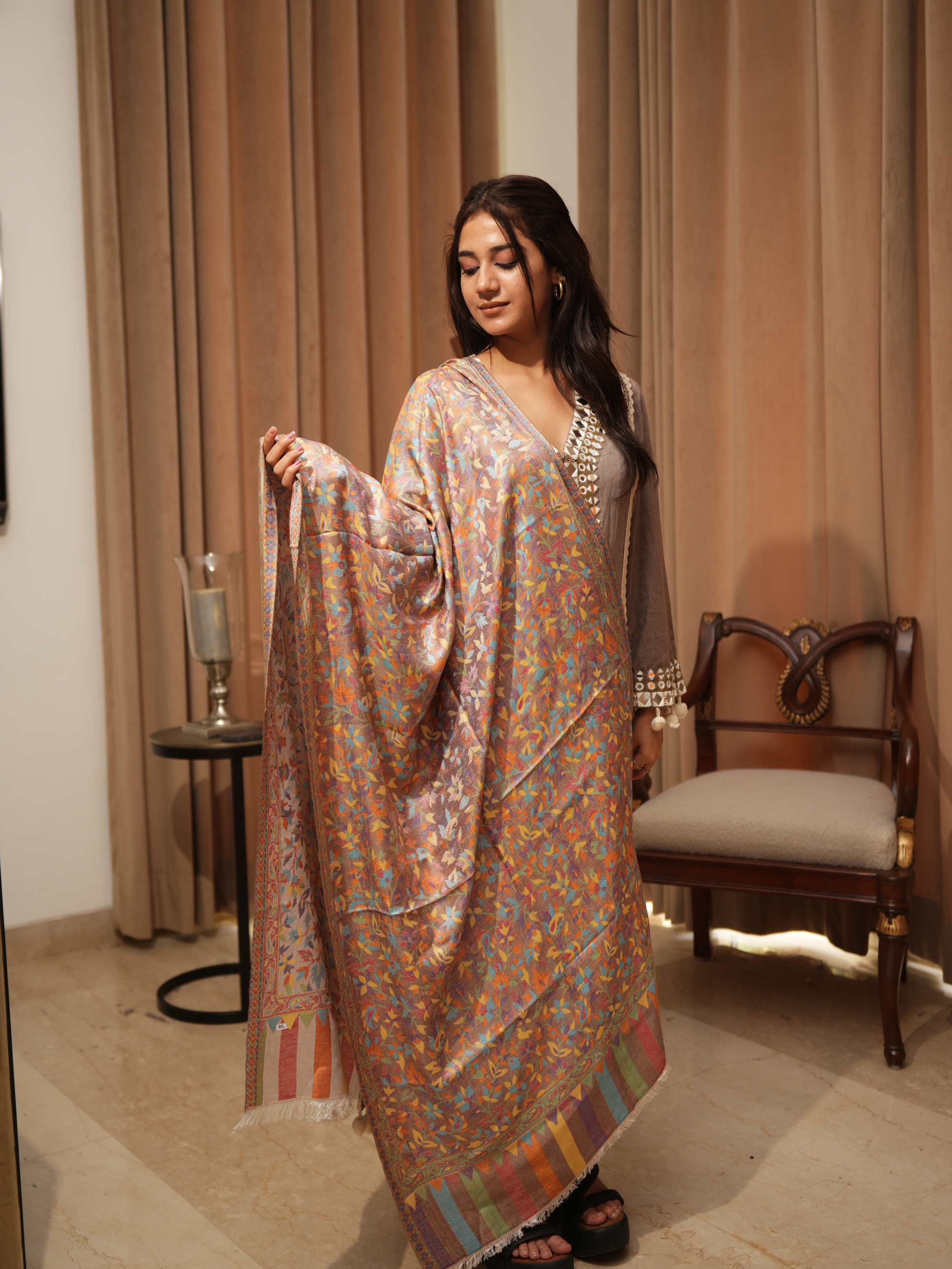 Karivani Women's Faux Pashmina Shawl - Modal Jamawar Reversible Shawl