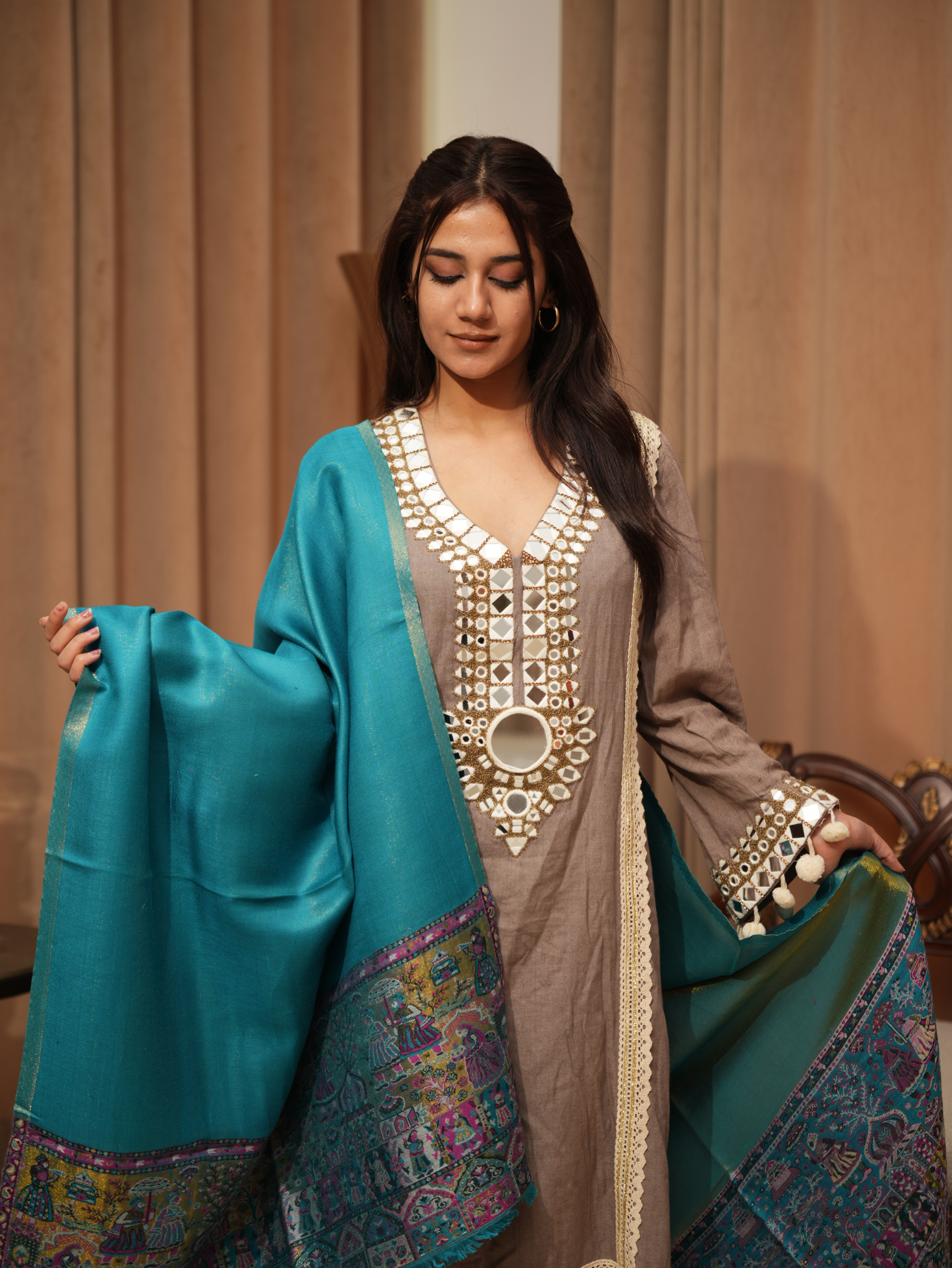 Karivani Women's Faux Pashmina Stole - Modal Palla Zari Stole