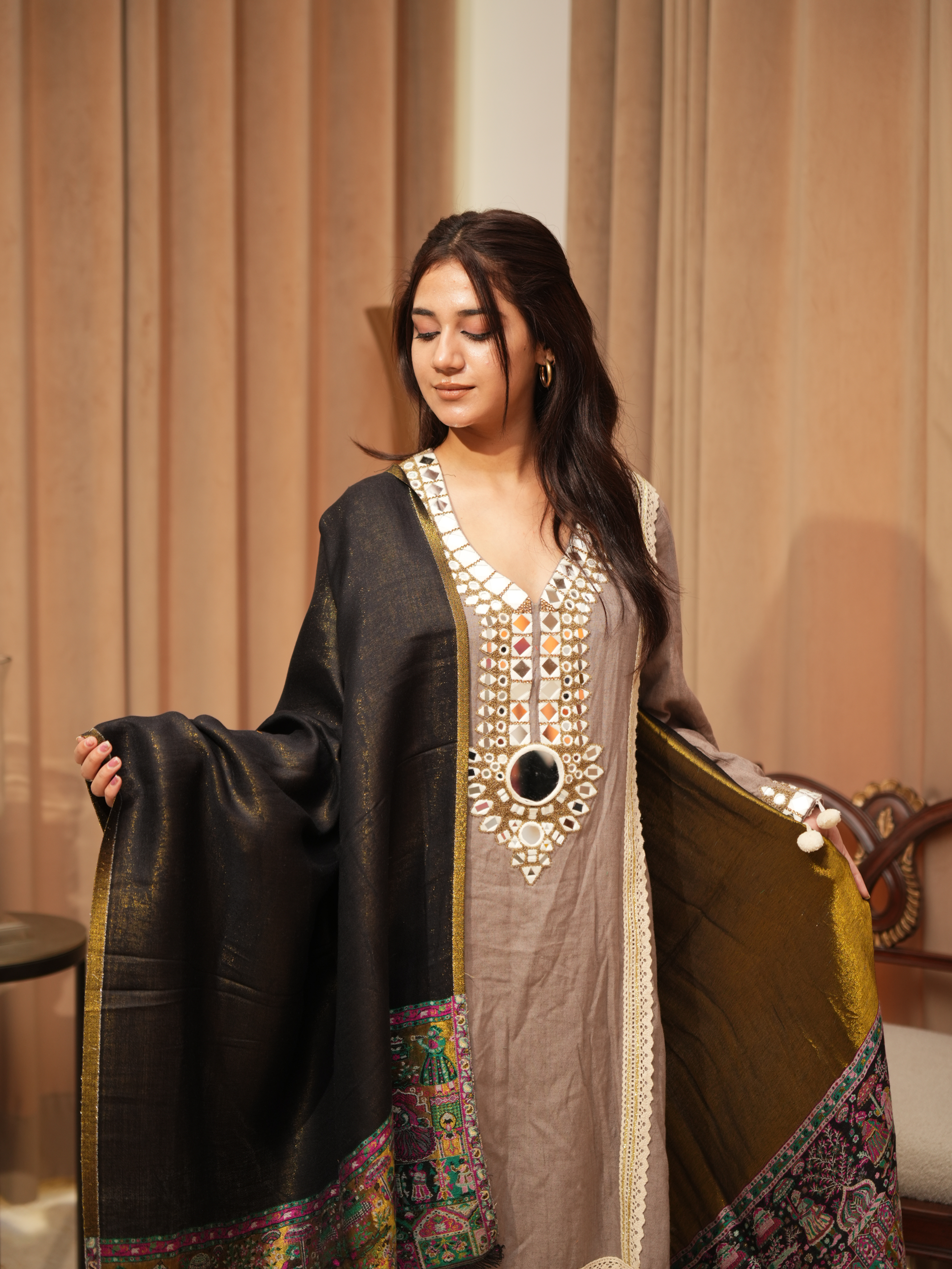 Karivani Women's Faux Pashmina Stole - Modal Palla Zari Stole