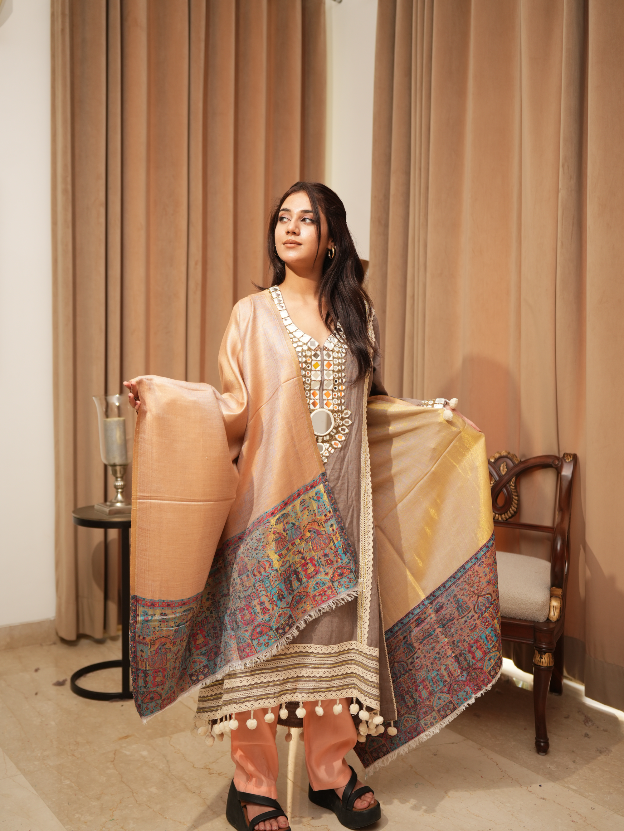 Karivani Women's Faux Pashmina Stole - Modal Palla Zari Stole