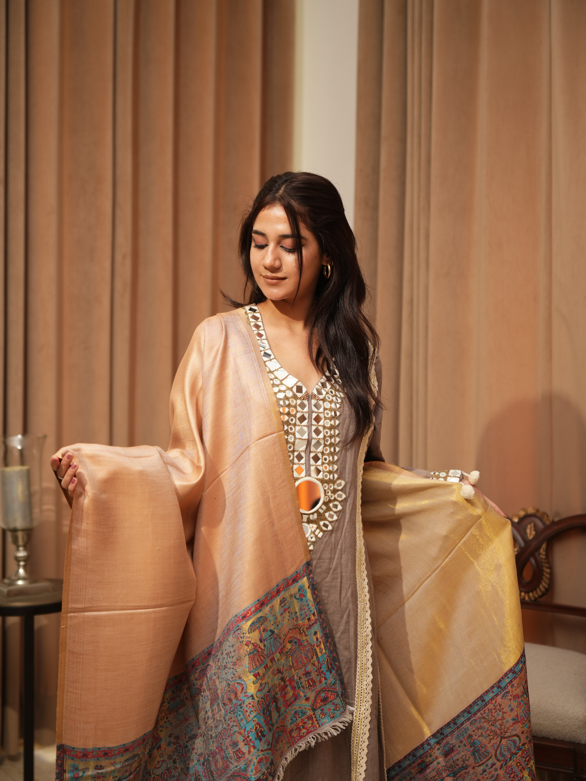 Karivani Women's Faux Pashmina Stole - Modal Palla Zari Stole