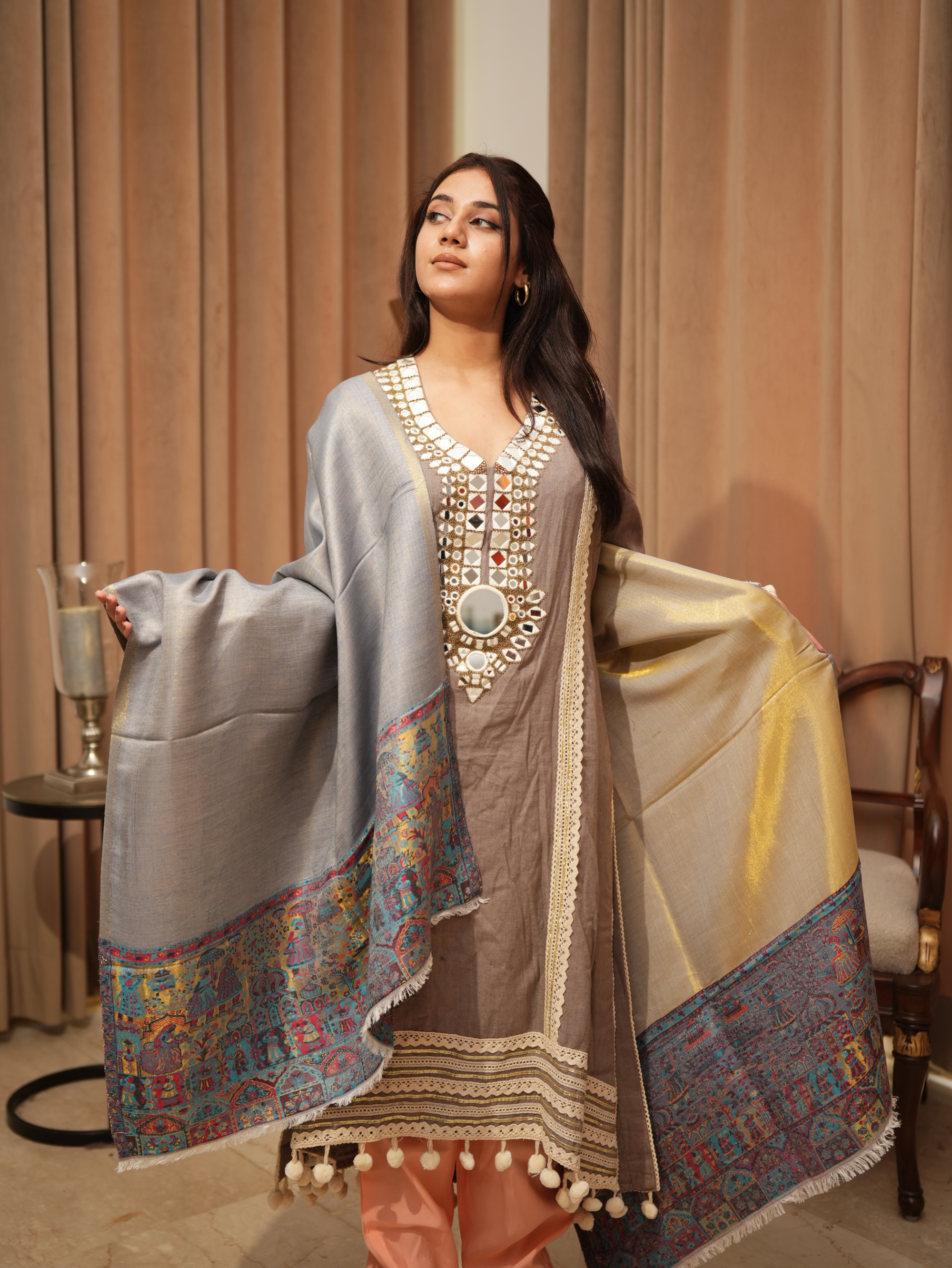 Karivani Women's Faux Pashmina Stole - Modal Palla Zari Stole